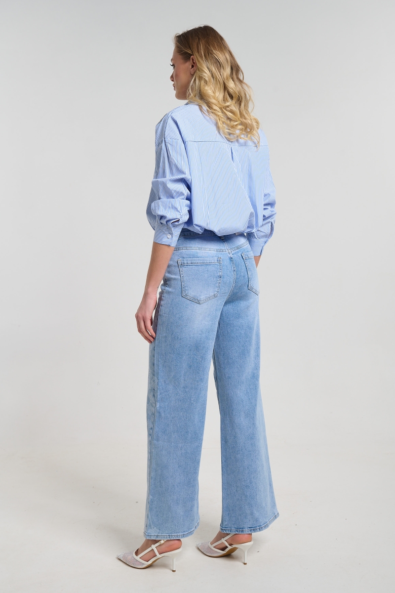 Flared Denim Jeans with Branch Print & Rhinestones