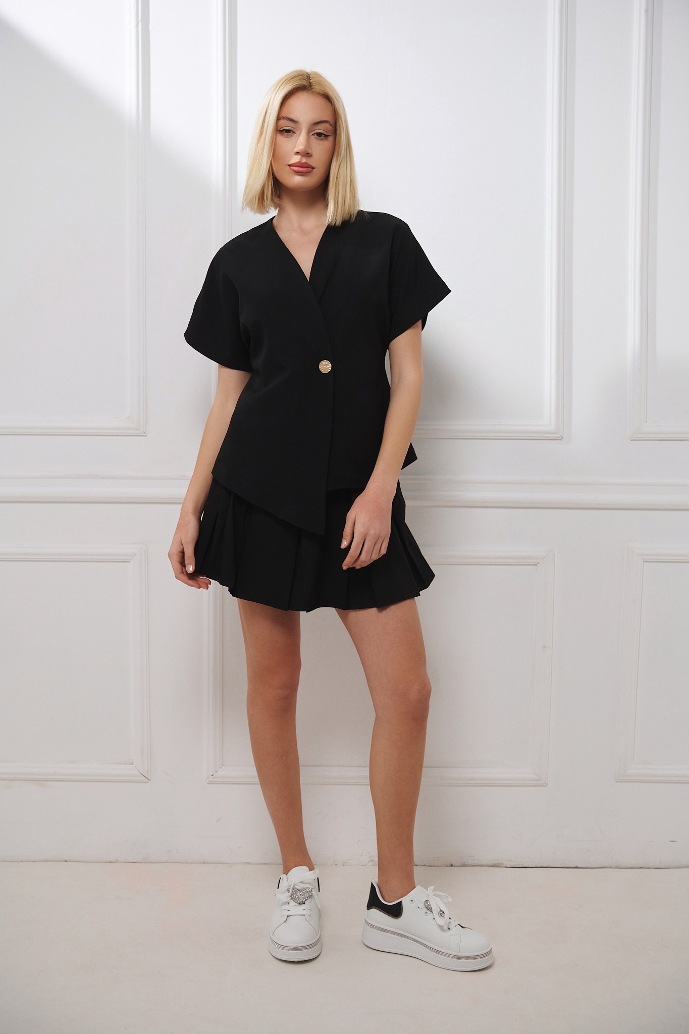 Short Sleeve Blouse with Gold Buttons