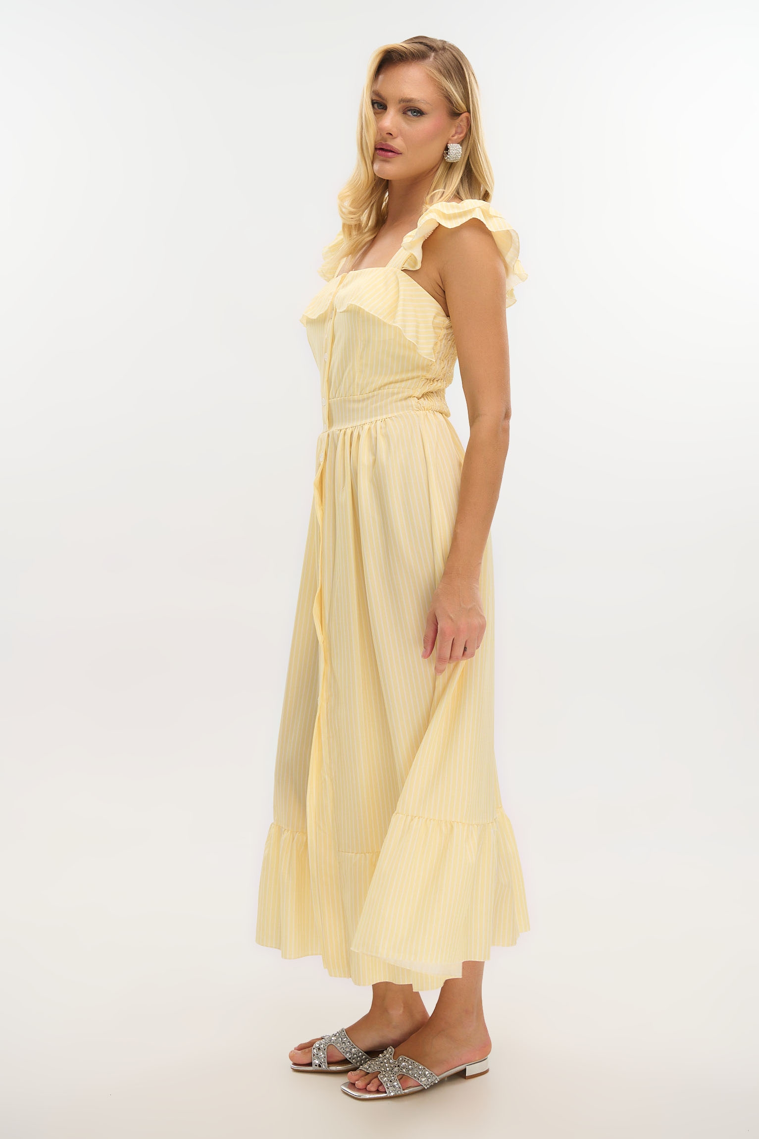 Striped Maxi Dress with Buttons & Ruffled Straps