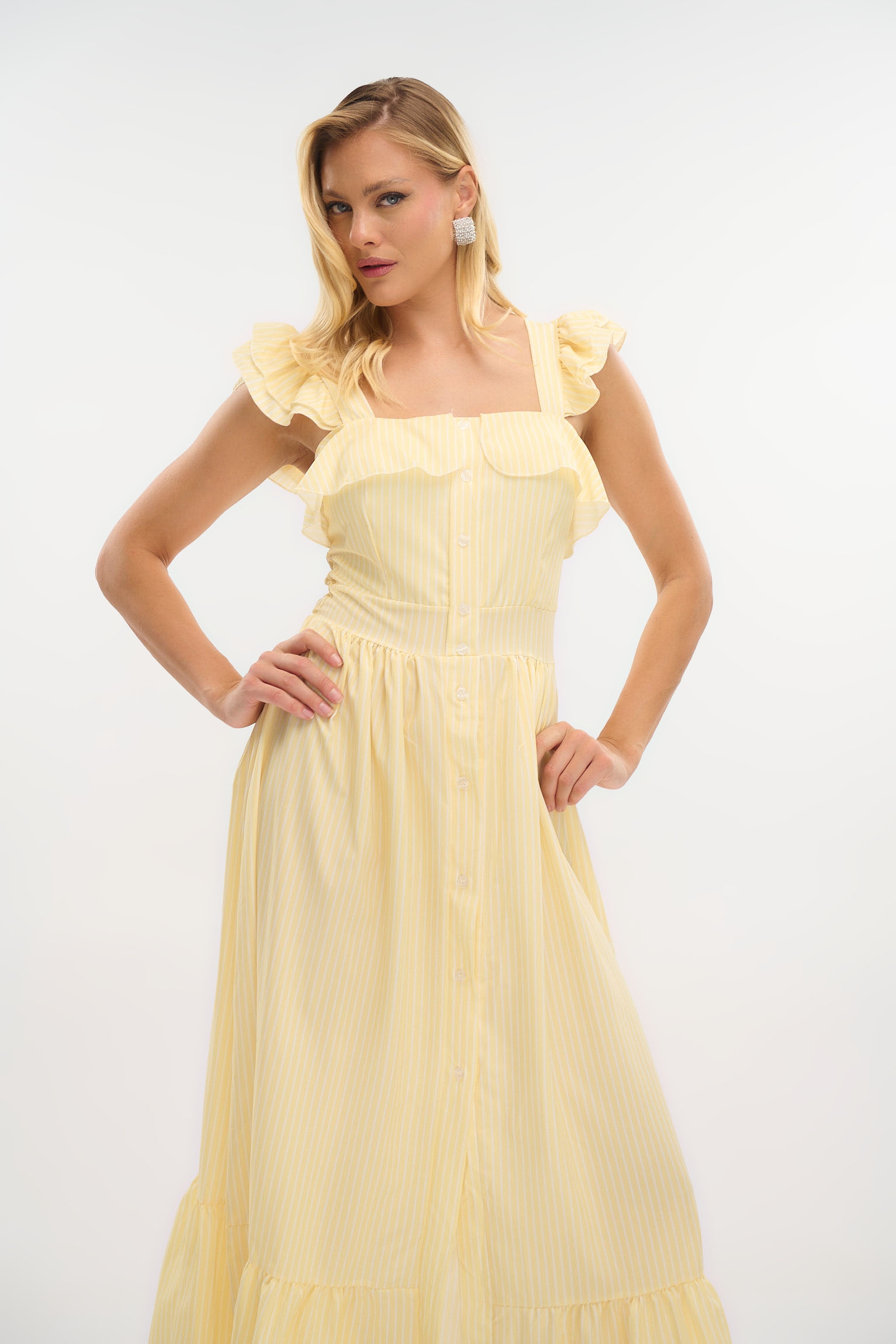 Striped Maxi Dress with Buttons & Ruffled Straps