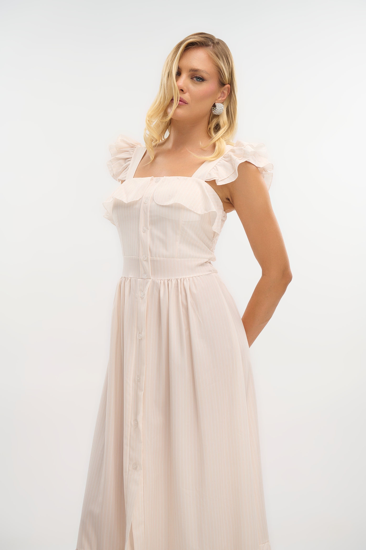 Striped Maxi Dress with Buttons & Ruffled Straps