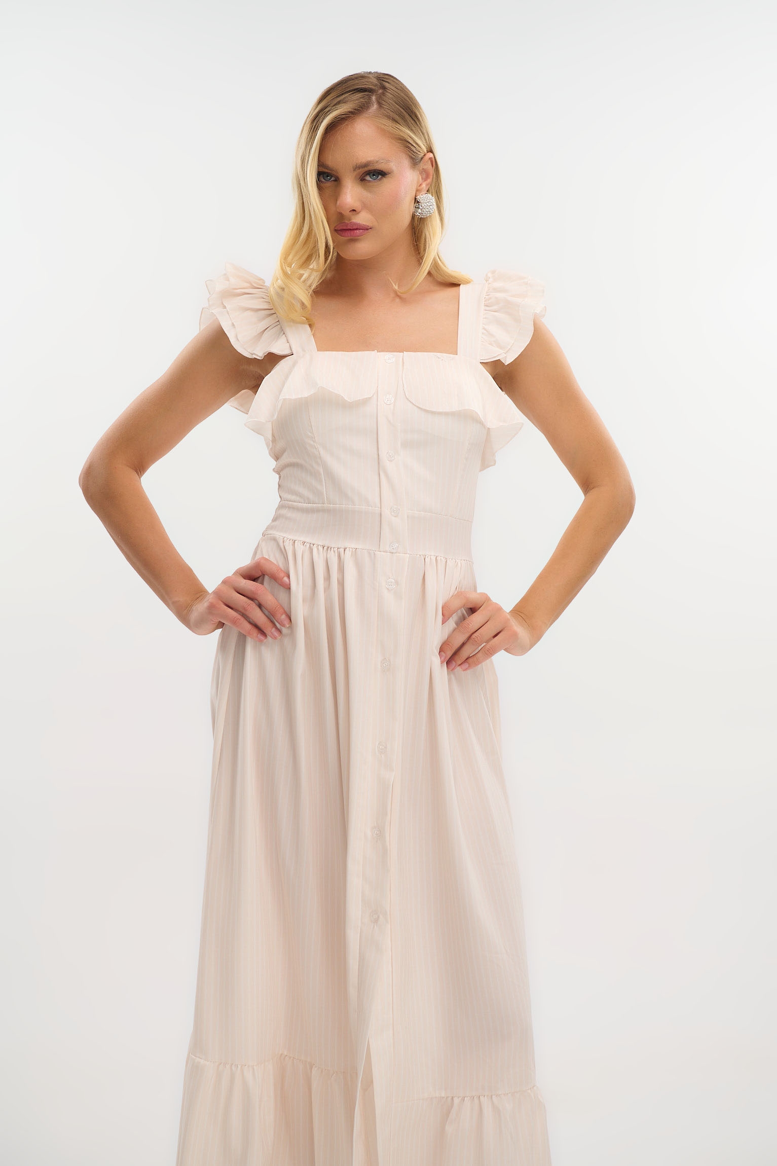 Striped Maxi Dress with Buttons & Ruffled Straps