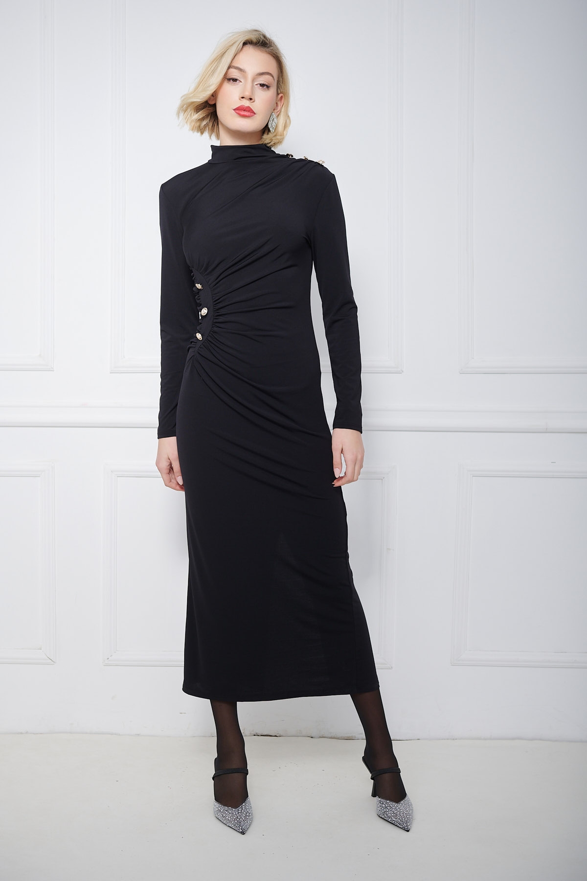 Button Decorated Turtleneck Maxi Dress