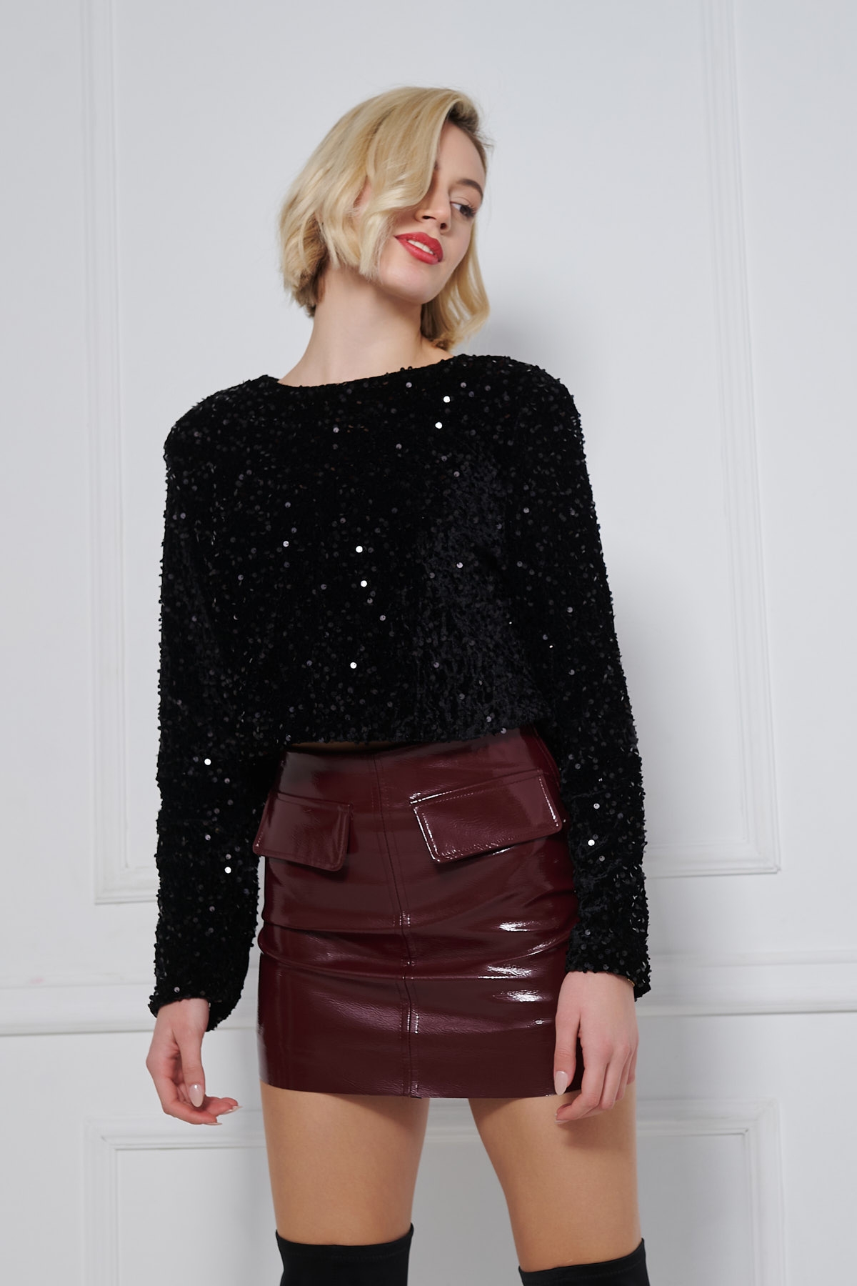 Bow Back Sequin Long-Sleeved Top