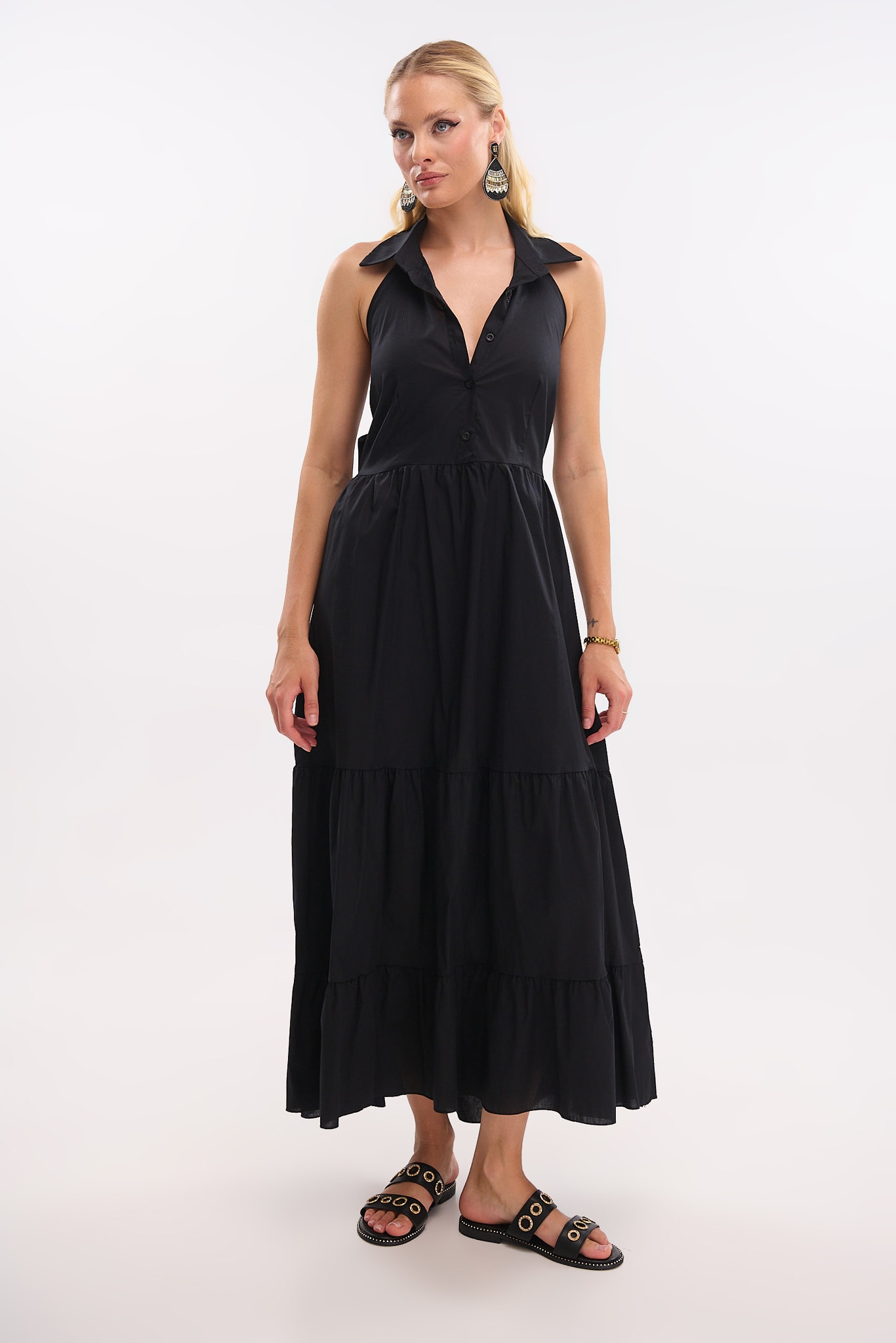 Maxi Dress with Collar, Backless & Buttons