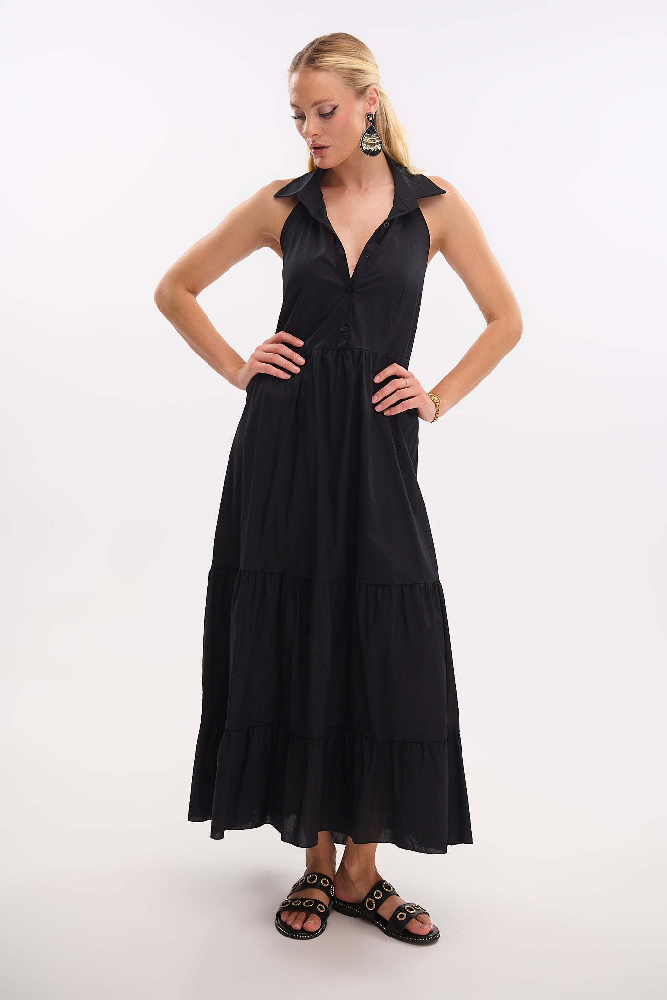 Maxi Dress with Collar, Backless & Buttons