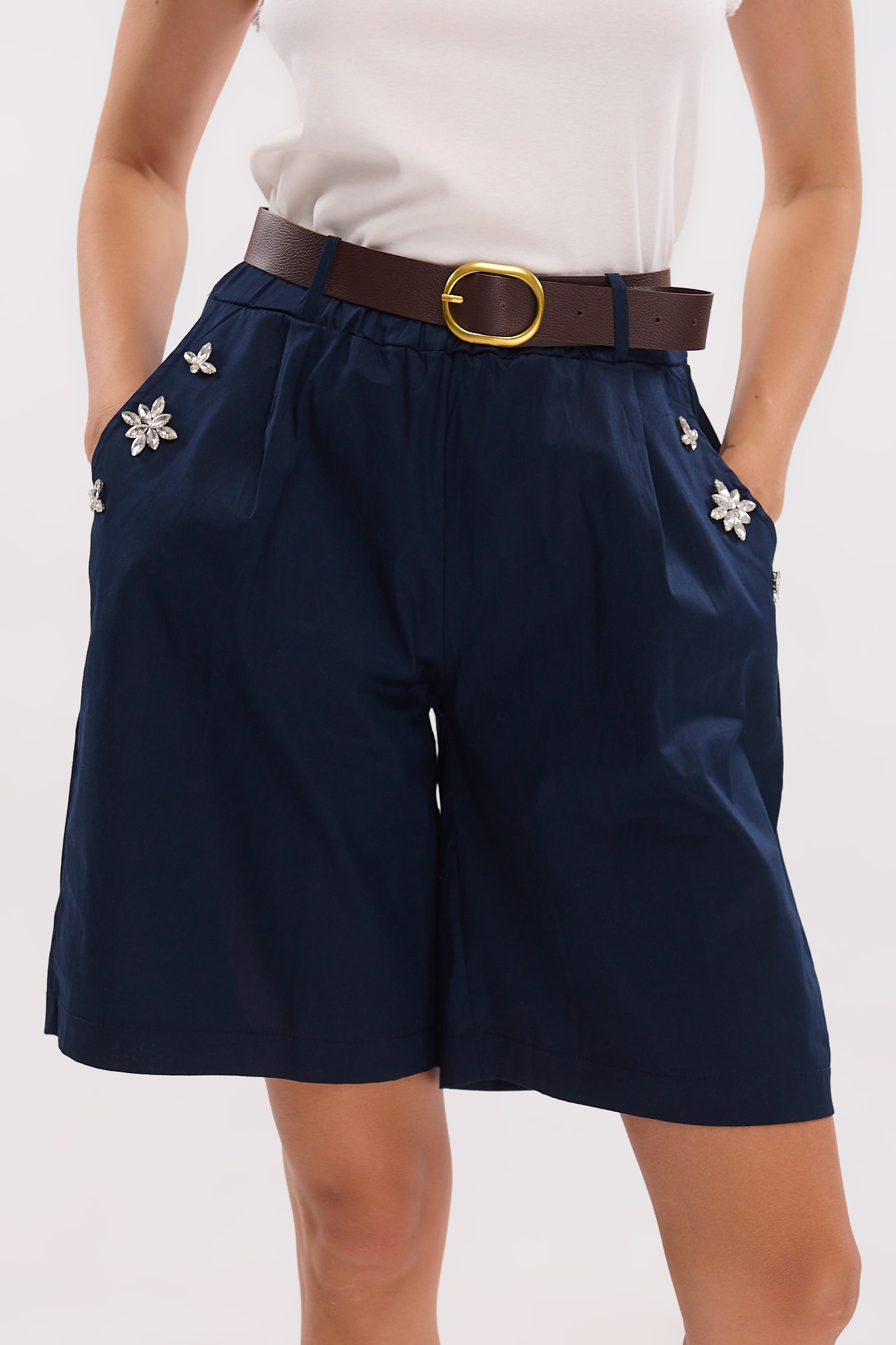 Bermuda Shorts with Decorative Stones and Belt