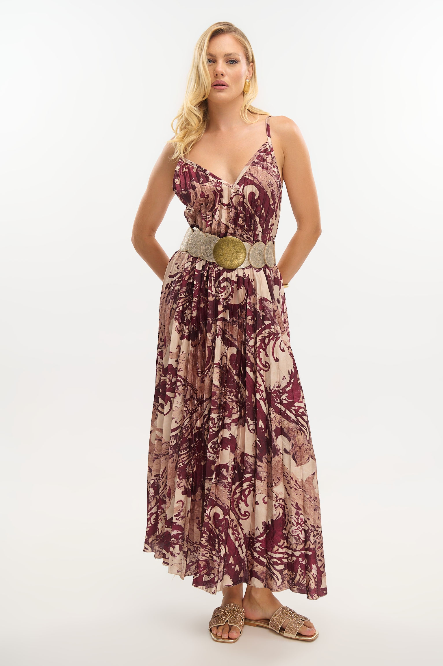 Paisley Pleated Maxi Dress with Subtle Shine