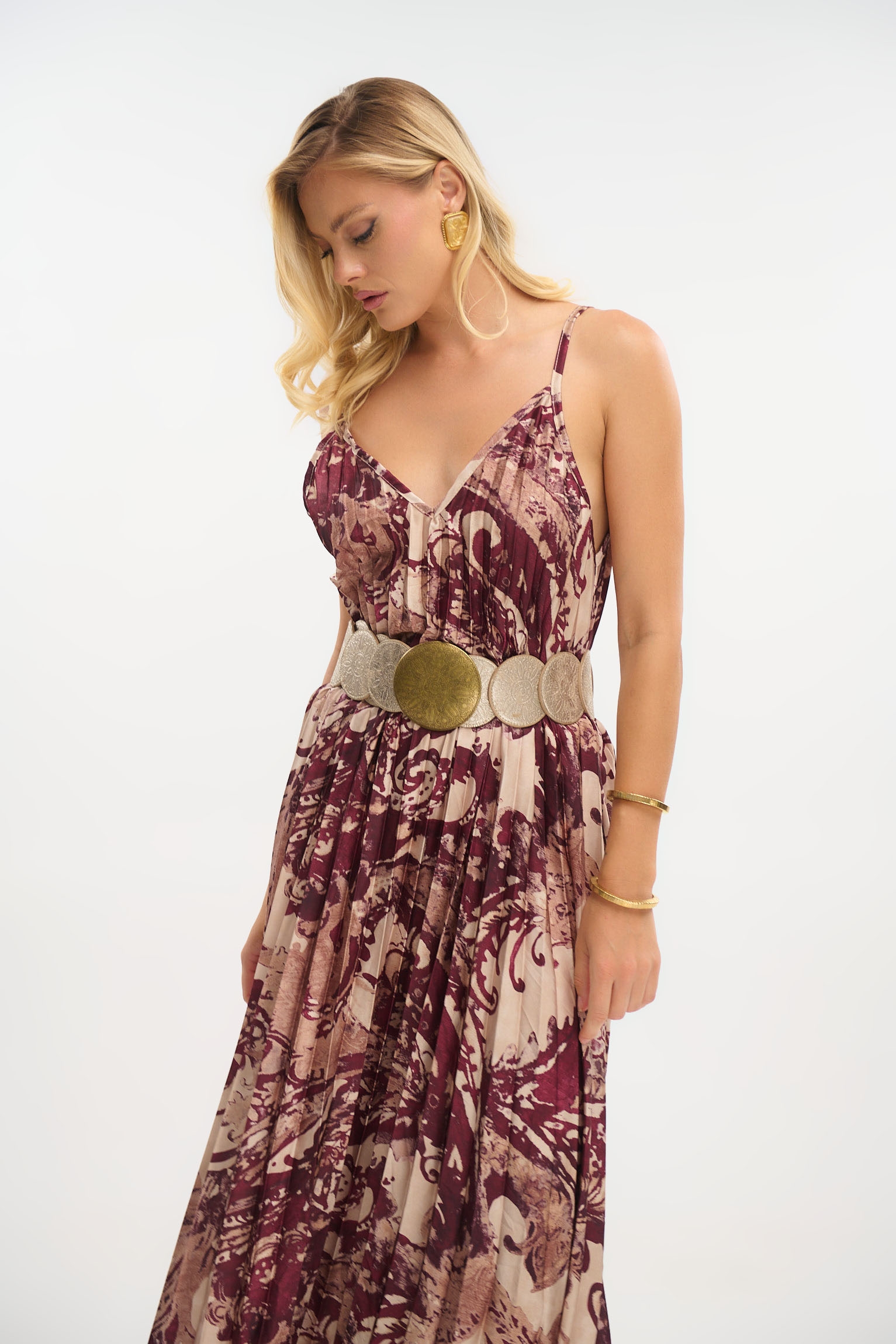 Paisley Pleated Maxi Dress with Subtle Shine
