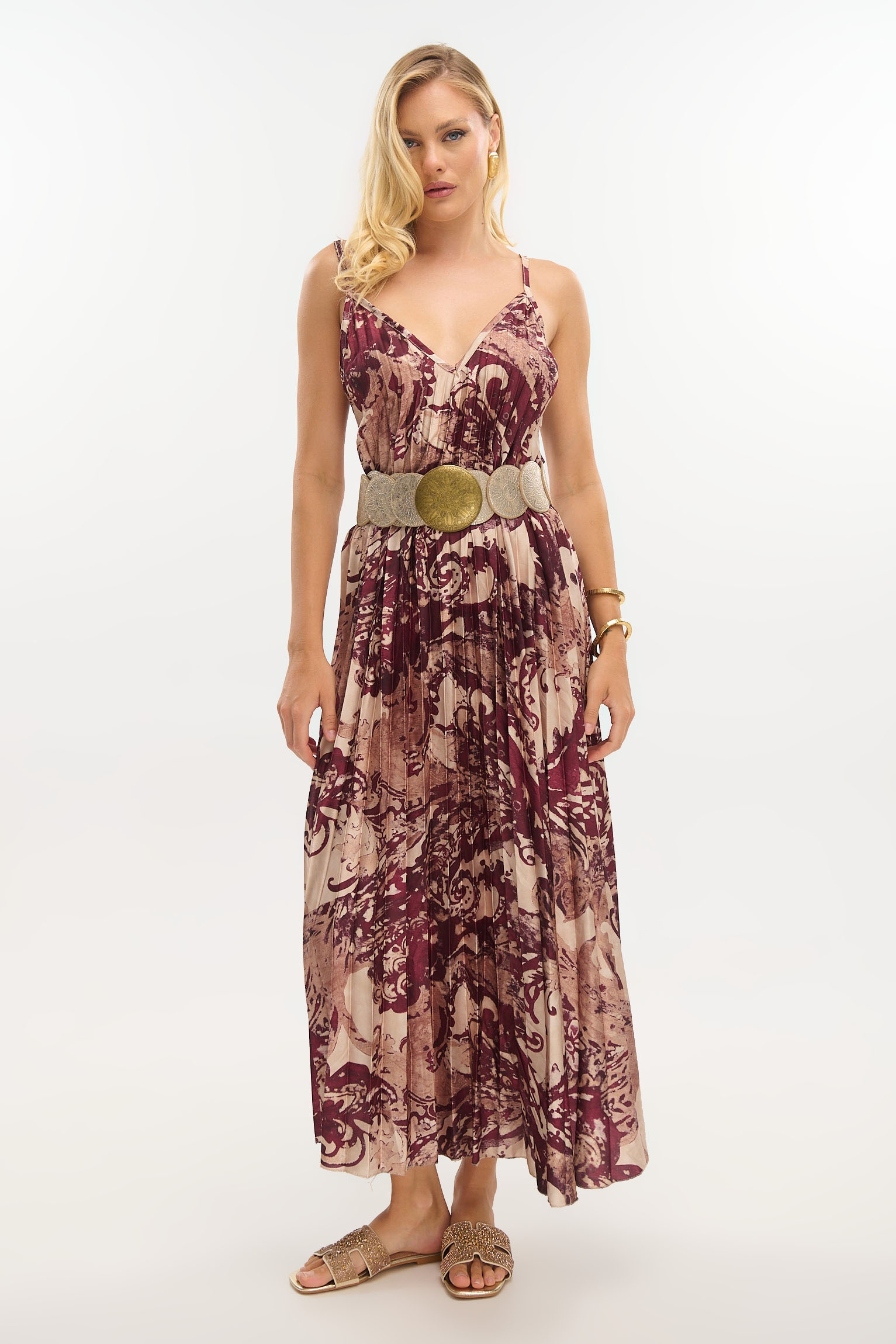 Paisley Pleated Maxi Dress with Subtle Shine