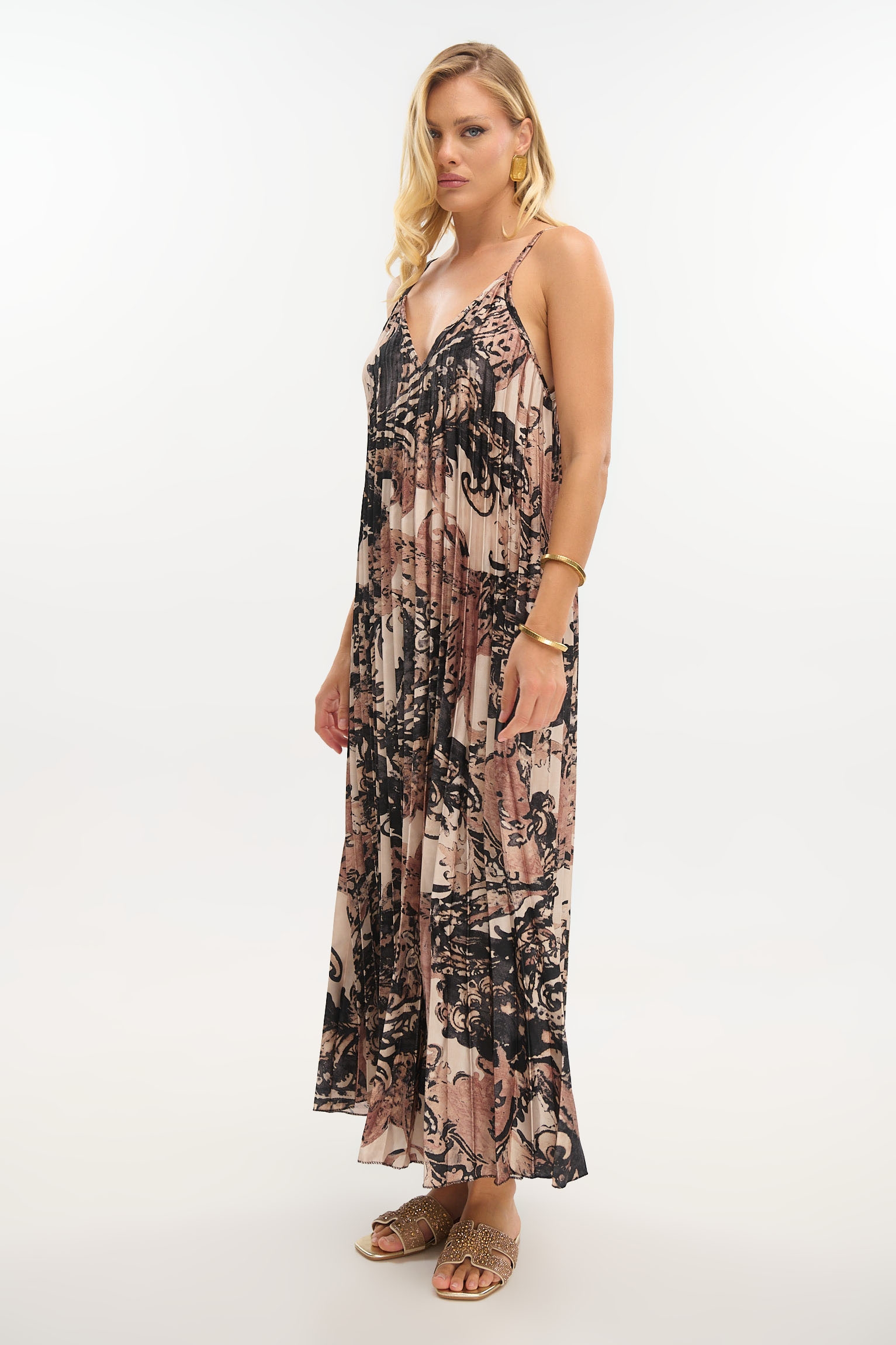 Paisley Pleated Maxi Dress with Subtle Shine