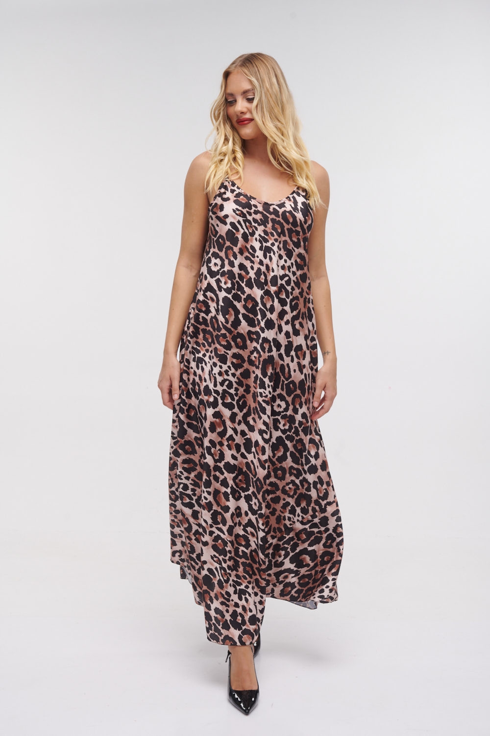 Φόρεμα Maxi Τιράντα Σατέν Animal Print