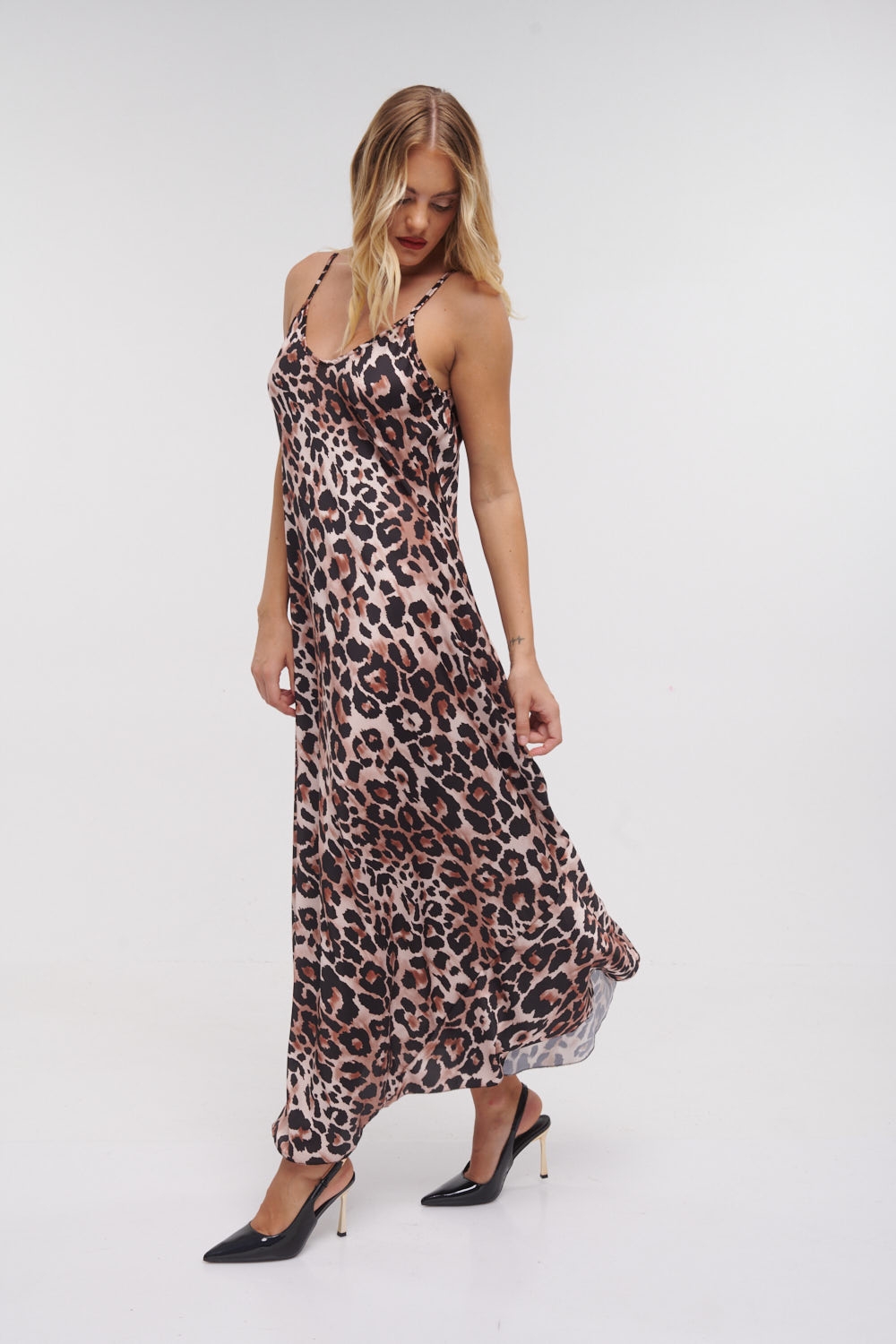 Φόρεμα Maxi Τιράντα Σατέν Animal Print