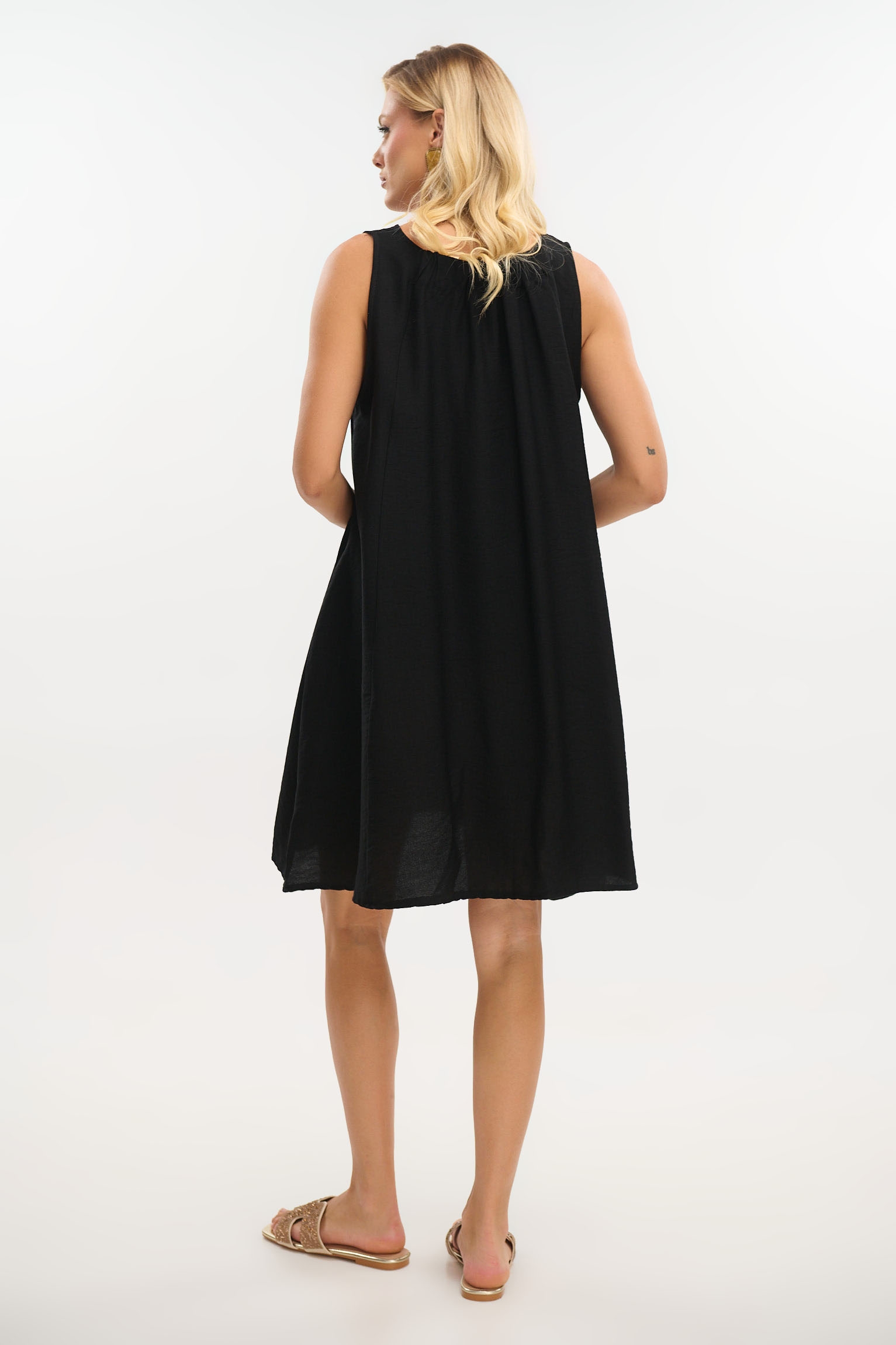Linen-Look Knee-Length Dress with Back Detail