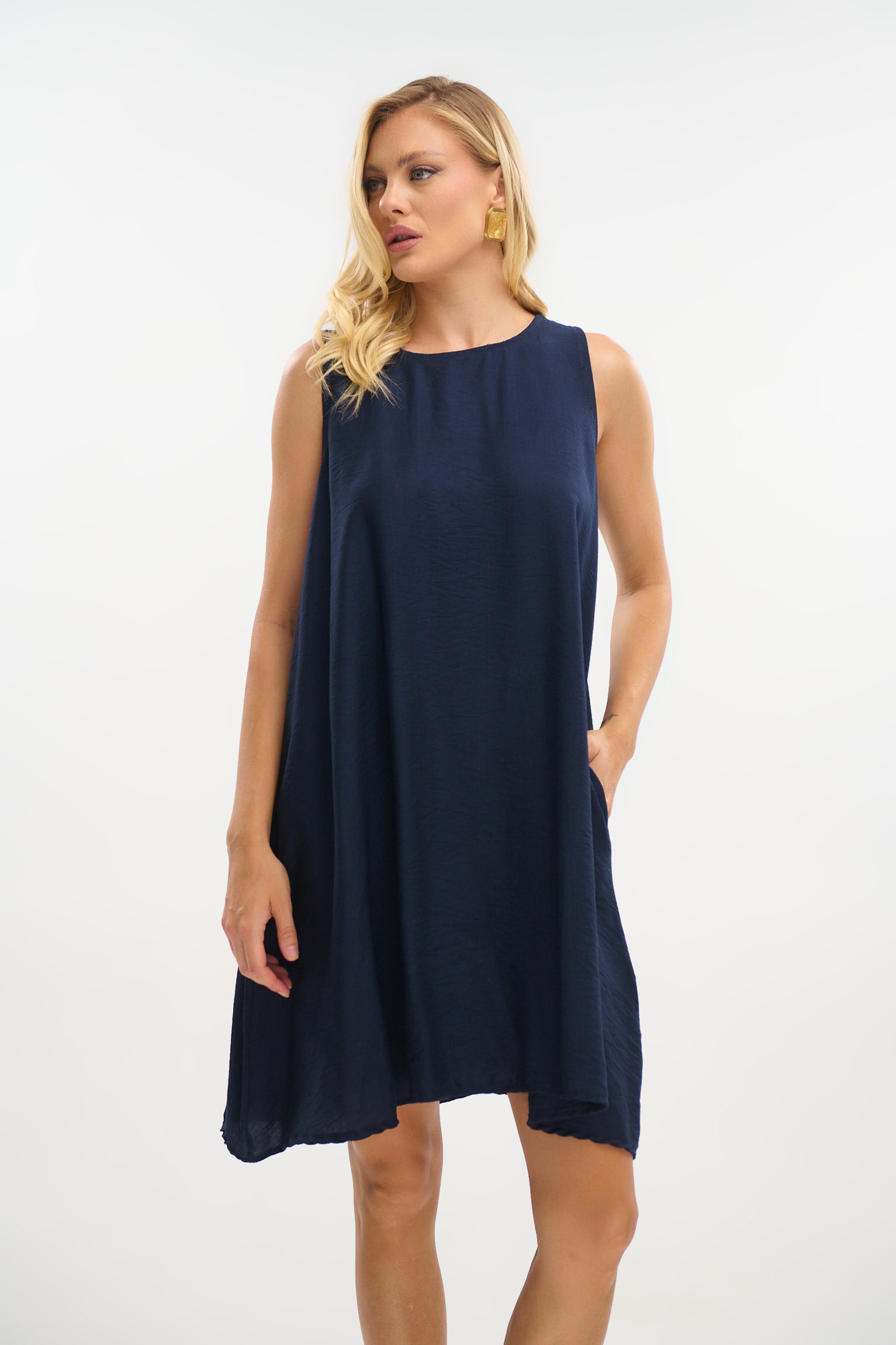 Linen-Look Knee-Length Dress with Back Detail