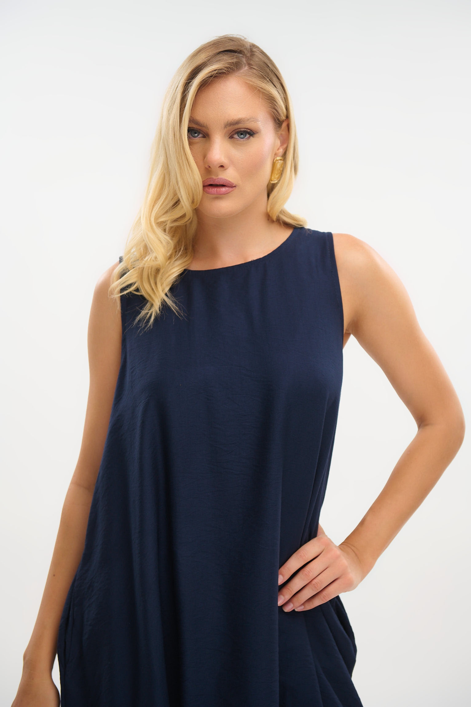Linen-Look Knee-Length Dress with Back Detail