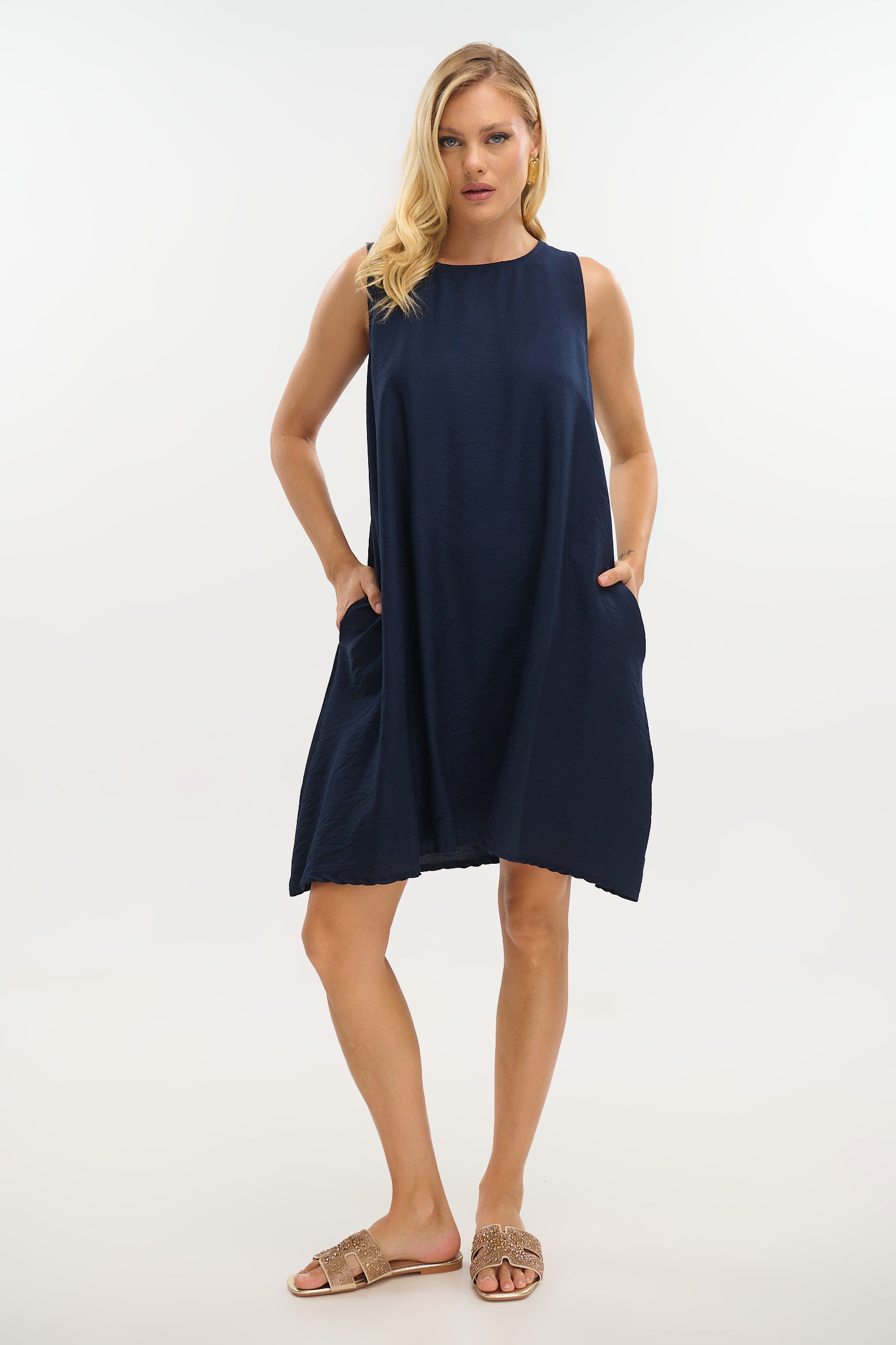 Linen-Look Knee-Length Dress with Back Detail
