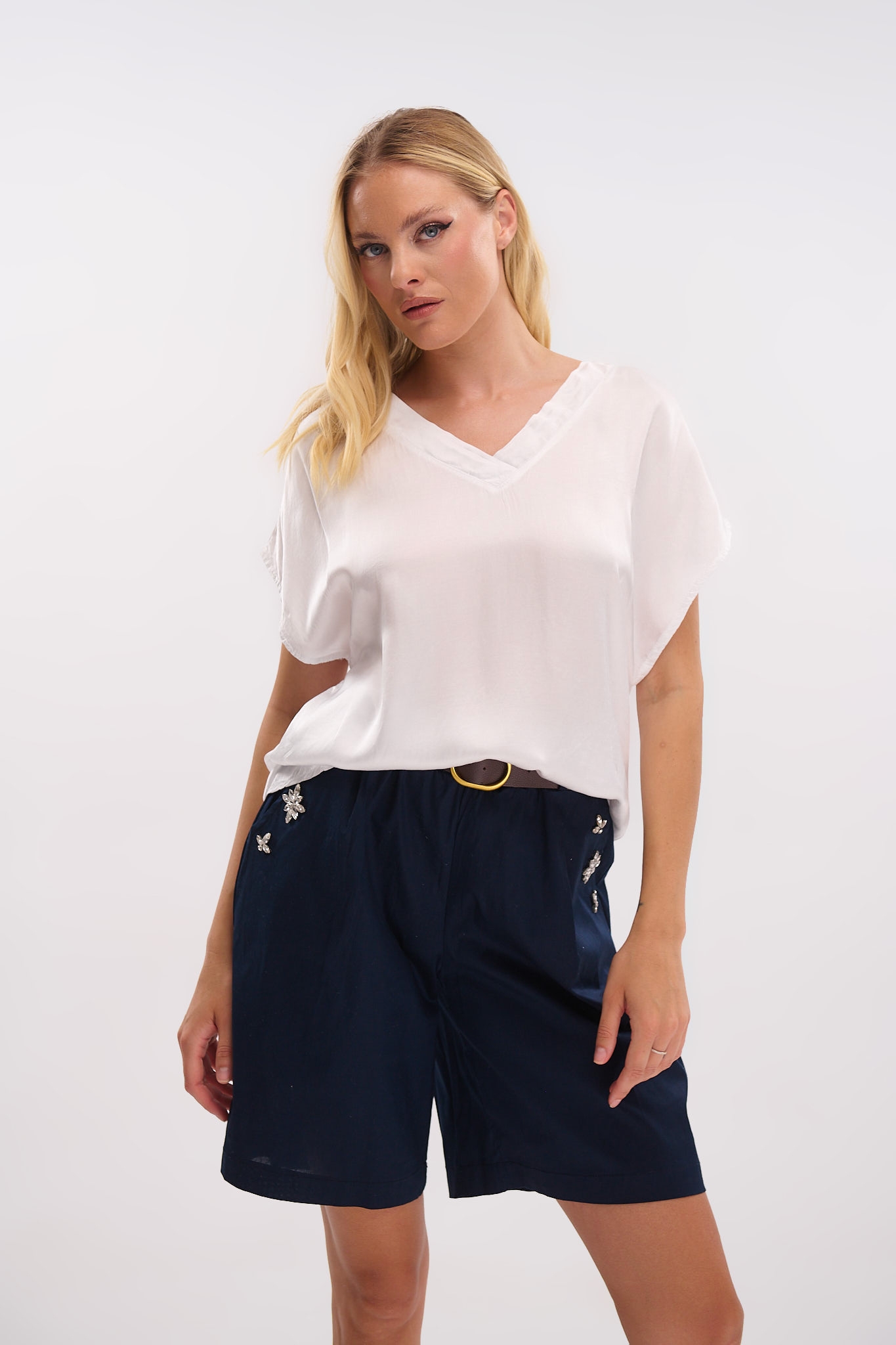 Satin Short-Sleeve V-Neck Top – Shine with Style