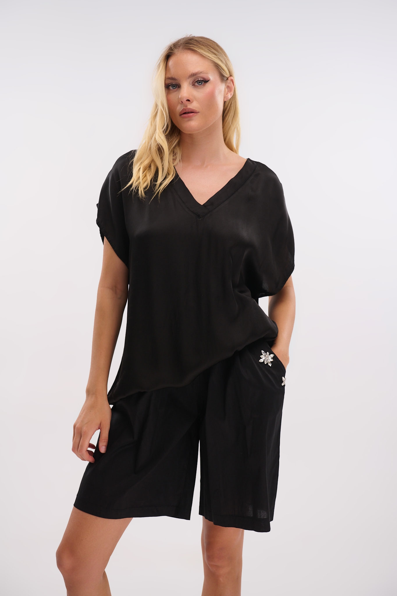 Satin Short-Sleeve V-Neck Top – Shine with Style