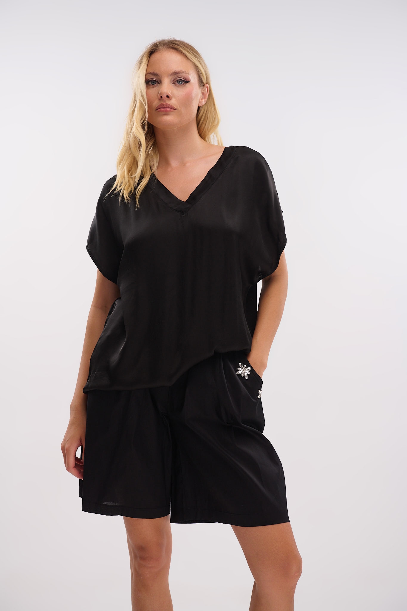 Satin Short-Sleeve V-Neck Top – Shine with Style
