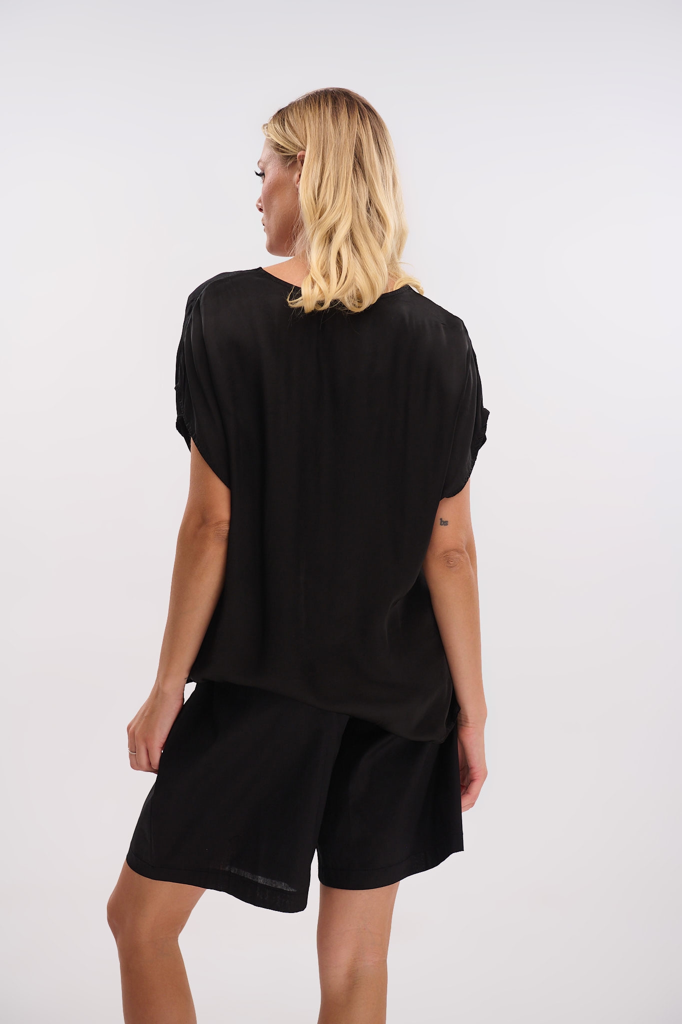 Satin Short-Sleeve V-Neck Top – Shine with Style