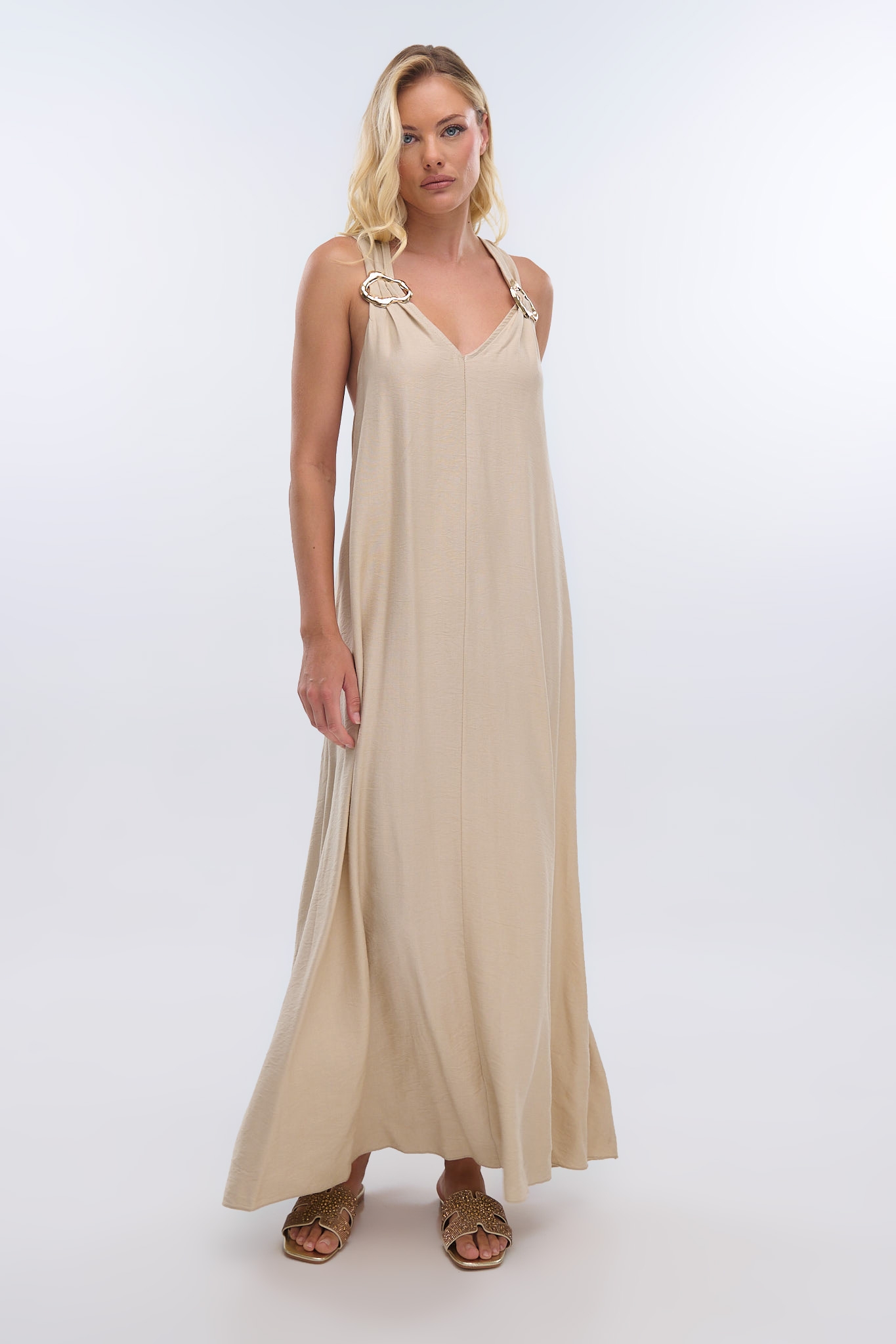 Φόρμα Linen Look με Χρυσές Λεπτομέρειες