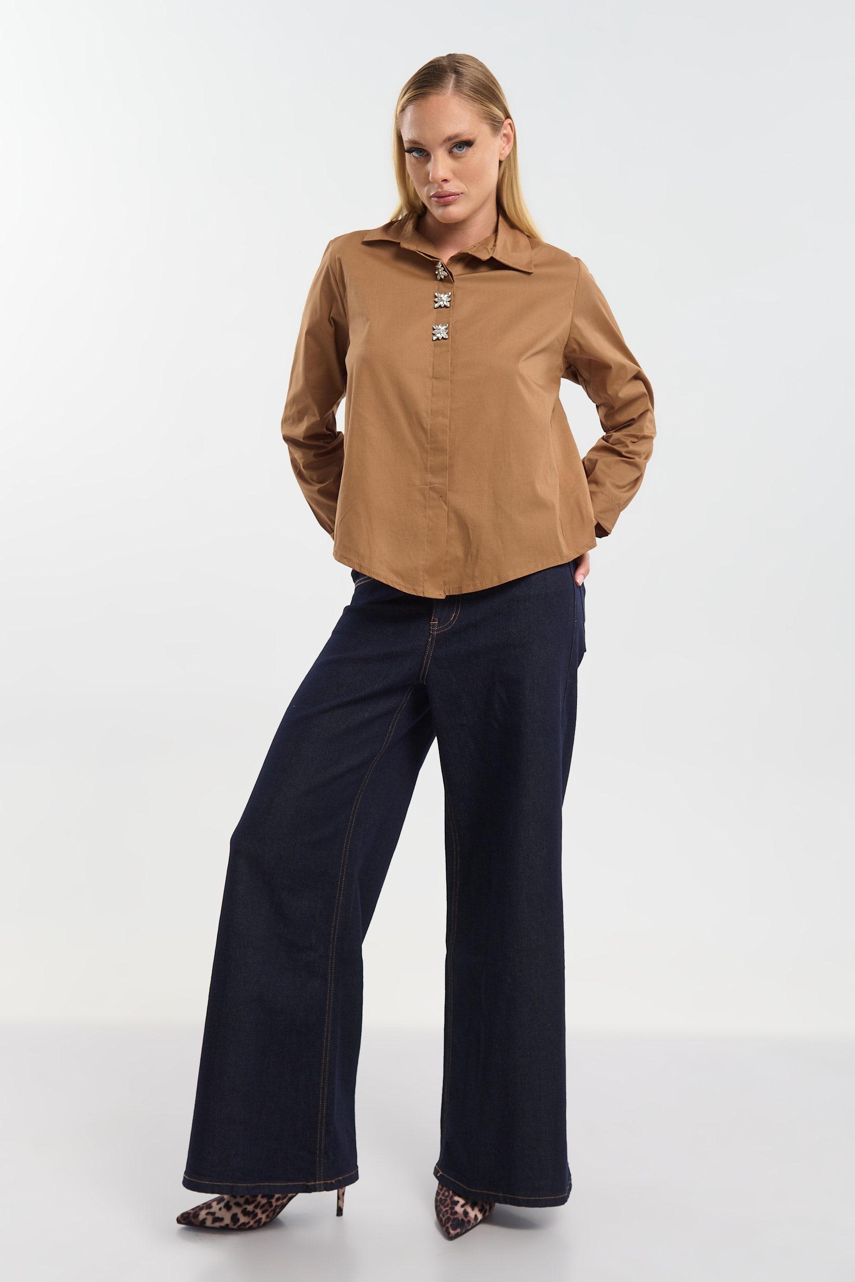Poplin Shirt with Rhinestone Buttons
