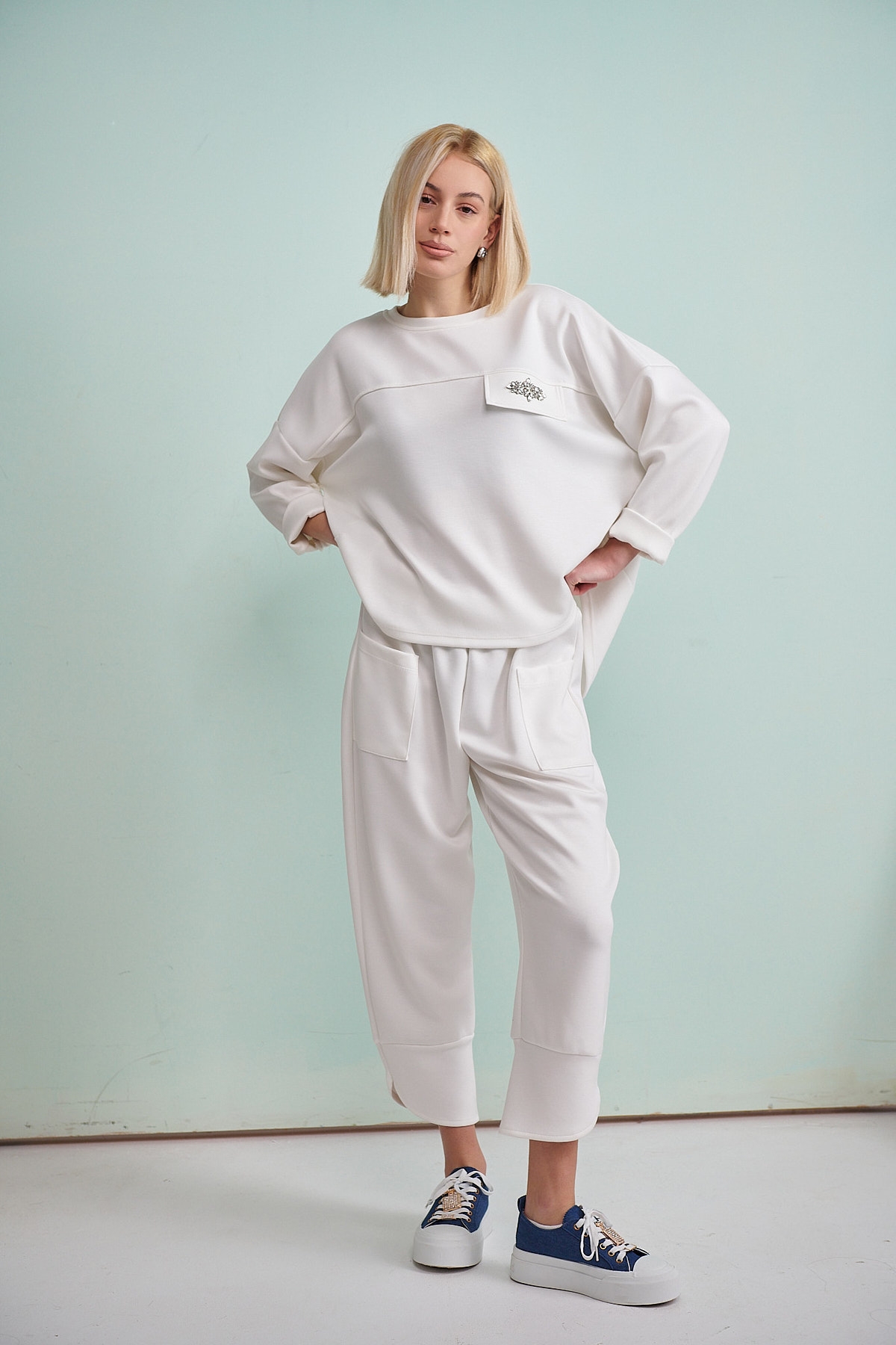 Rhinestoned Pocket Blouse Wide Pants Set