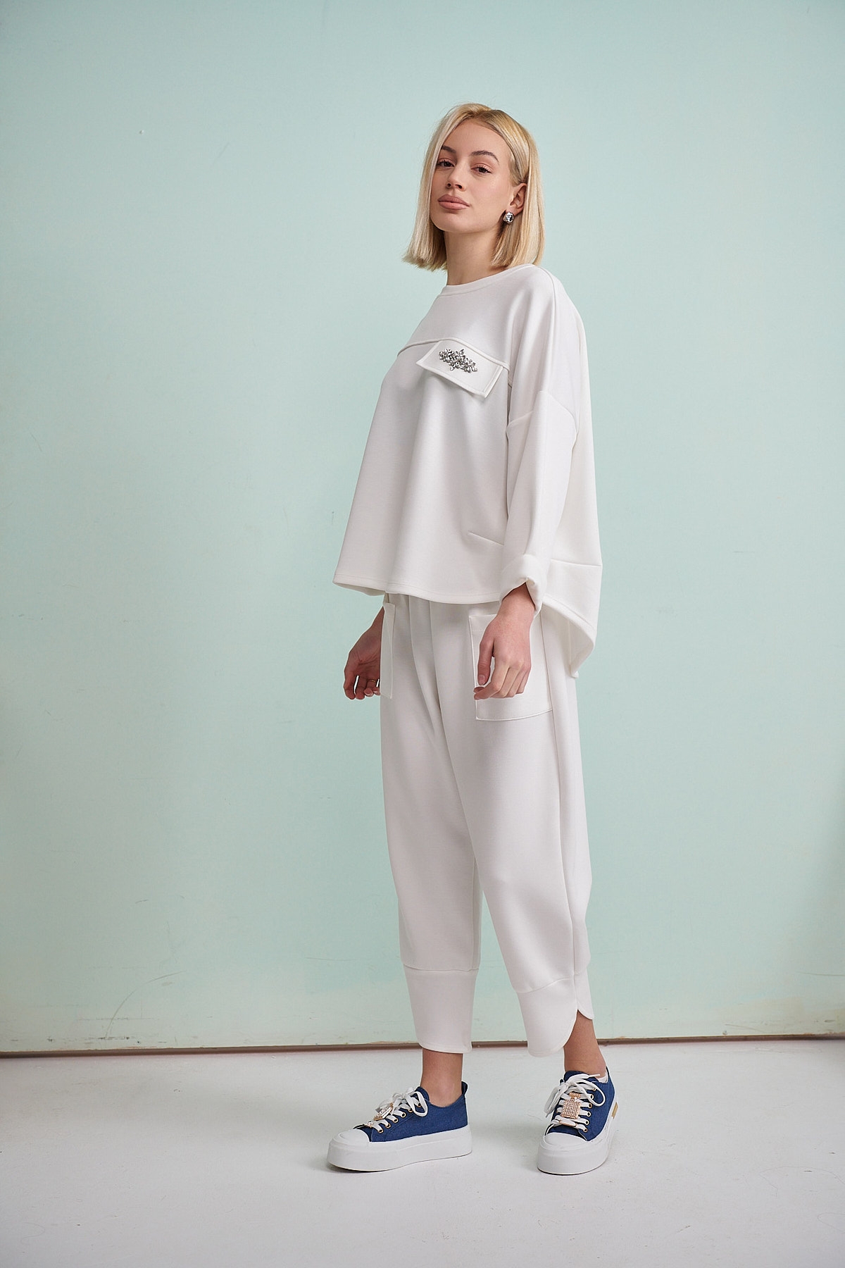 Rhinestoned Pocket Blouse Wide Pants Set