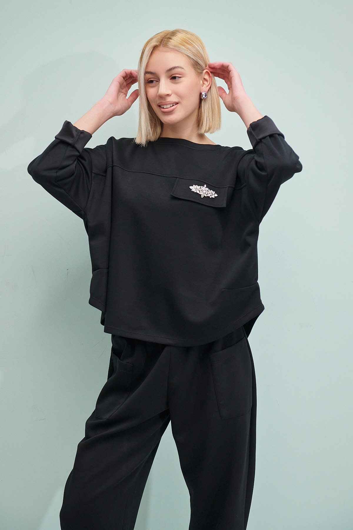 Rhinestoned Pocket Blouse Wide Pants Set