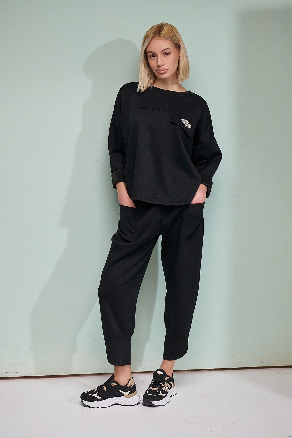 Rhinestoned Pocket Blouse Wide Pants Set