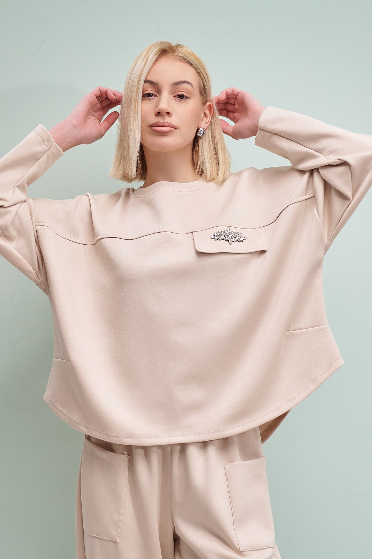 Rhinestoned Pocket Blouse Wide Pants Set