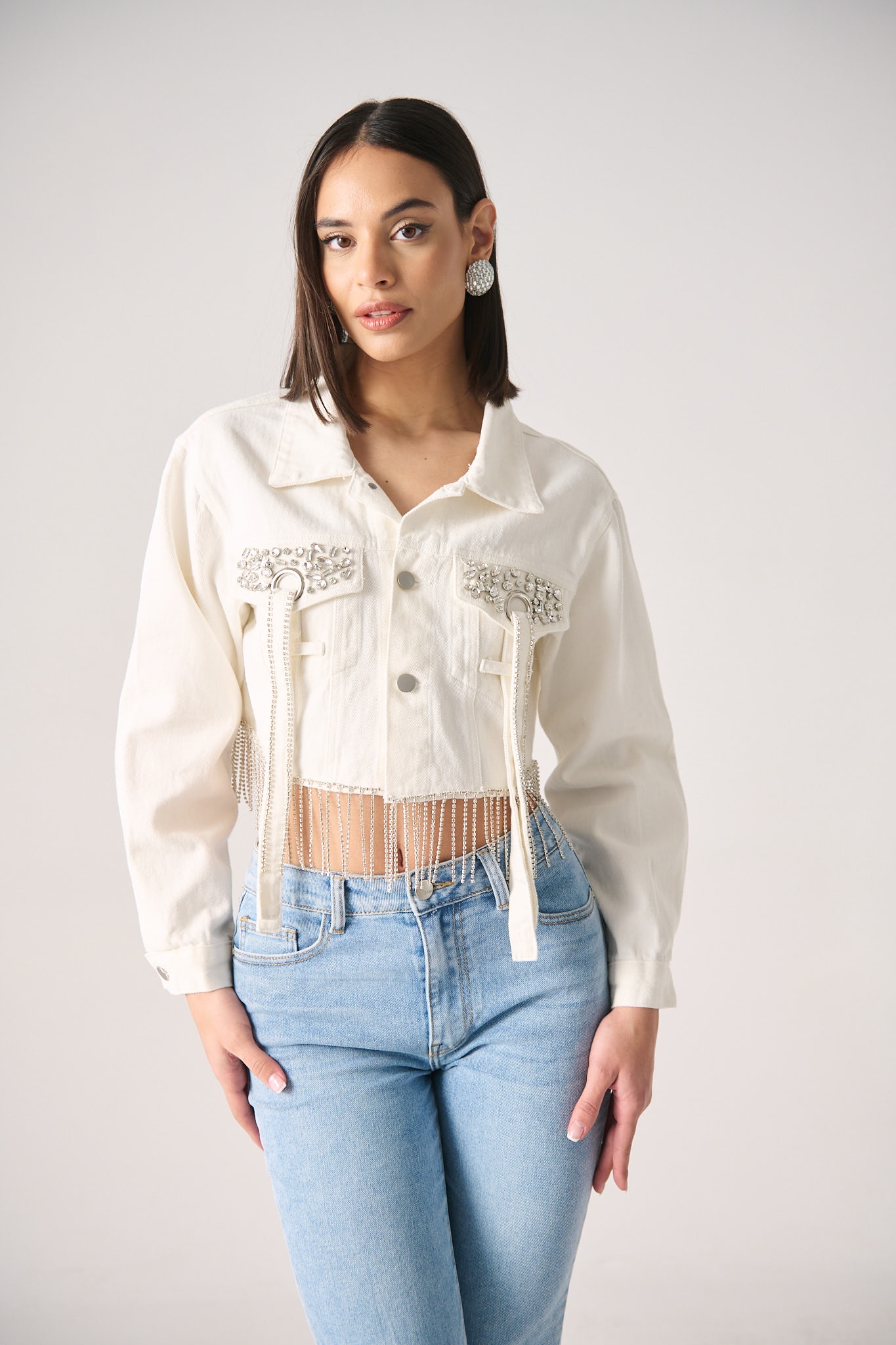 Crop Denim Jacket With Hanging Rhinestones