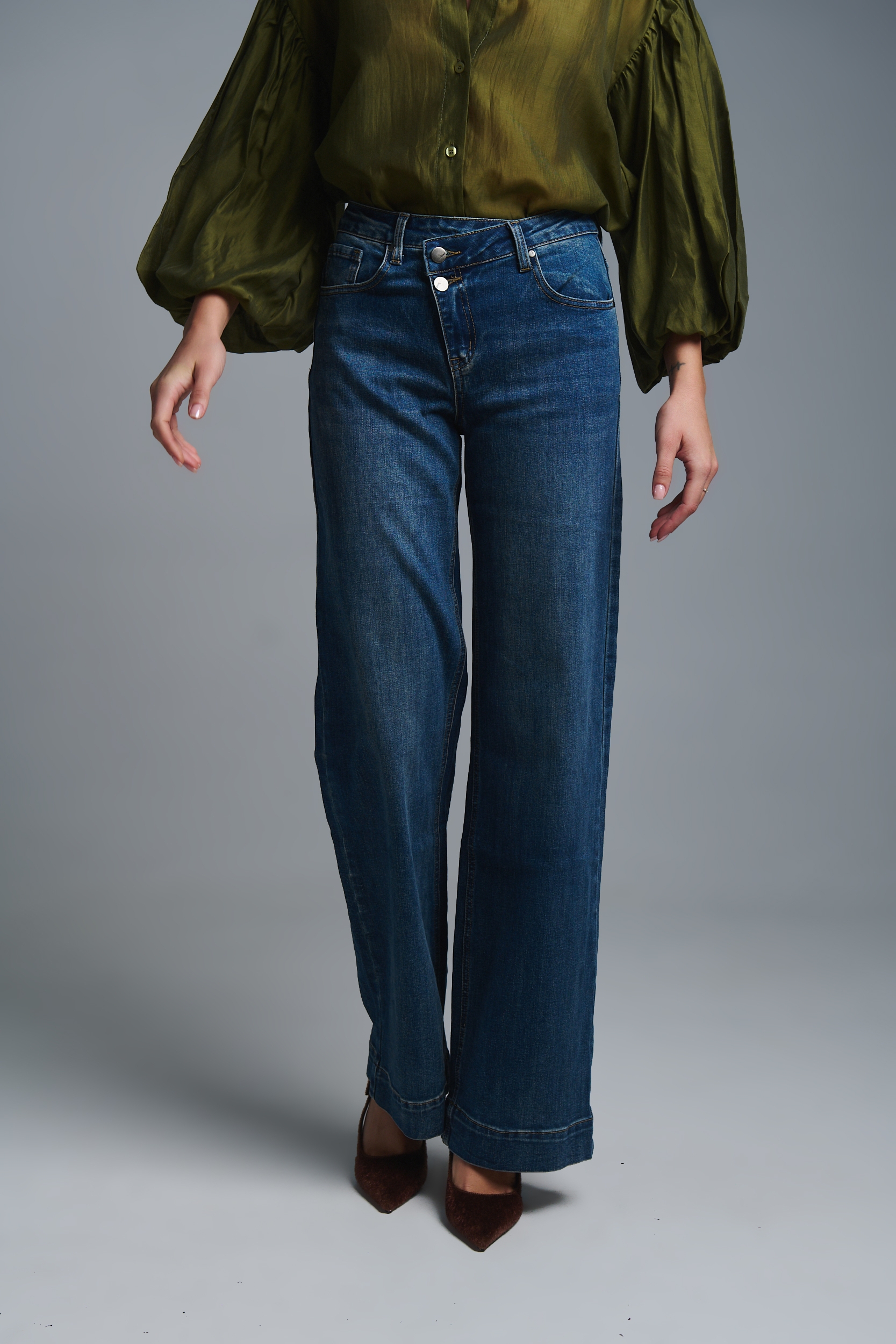 Τζιν Καμπάνα Λοξό Φερμουάρ Διπλό Κουμπί