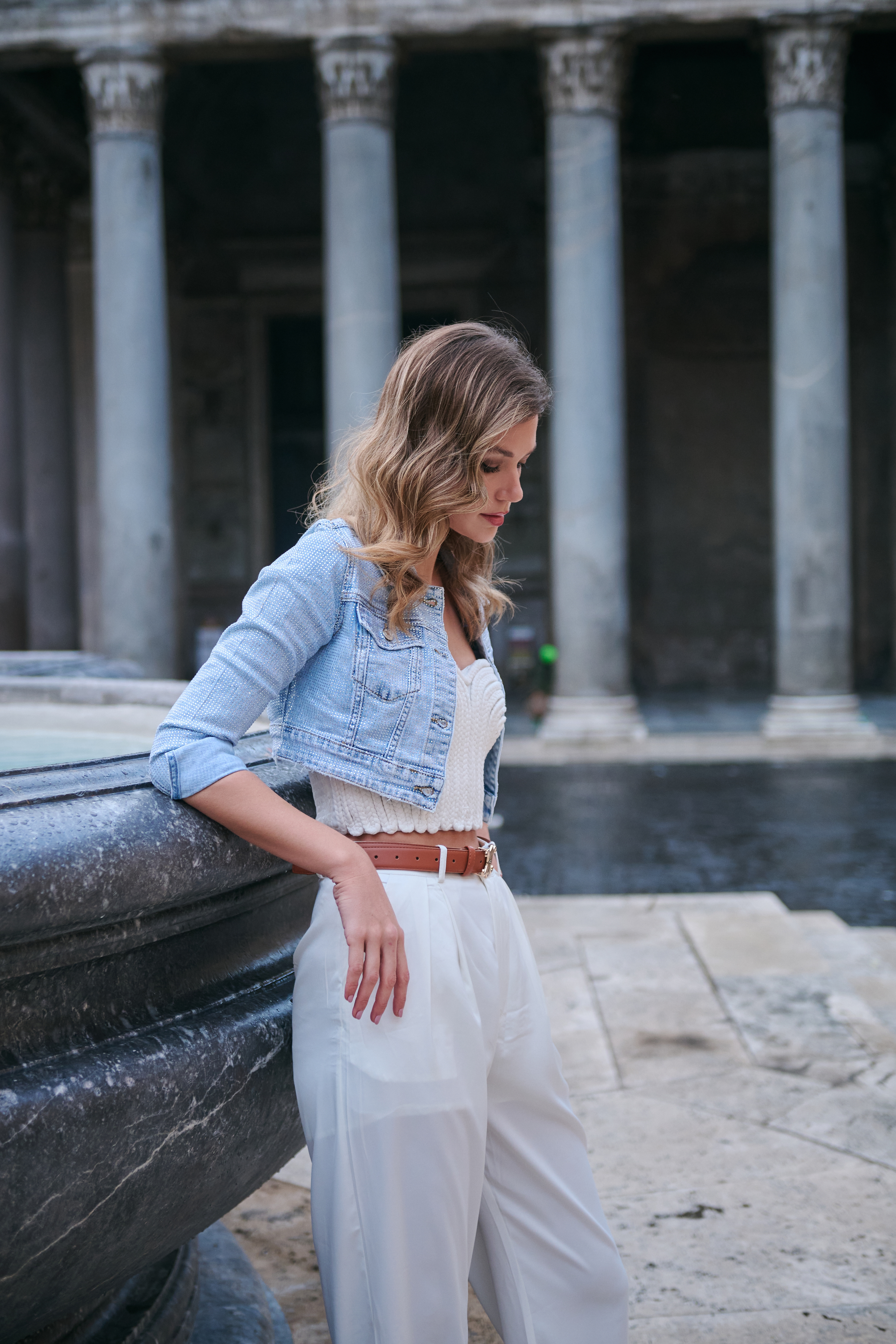 Crop Denim Jacket Faded Look With Rhinestones