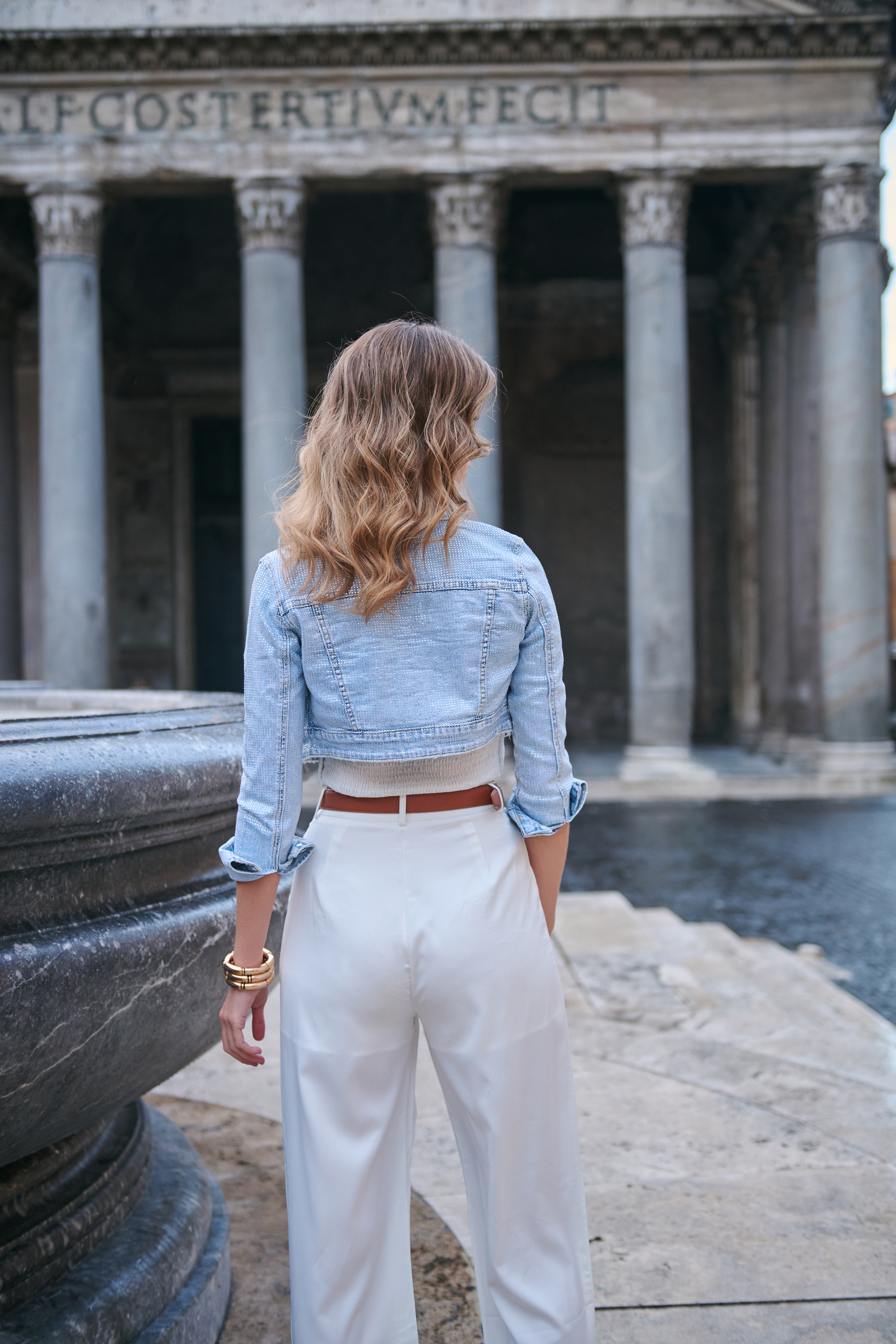 Crop Denim Jacket Faded Look With Rhinestones