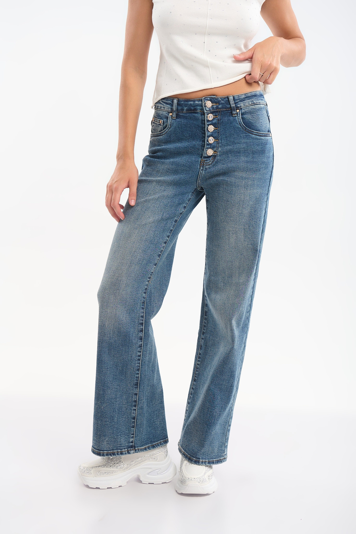 Τζιν με Διακοσμητικά Κουμπιά Wide Leg