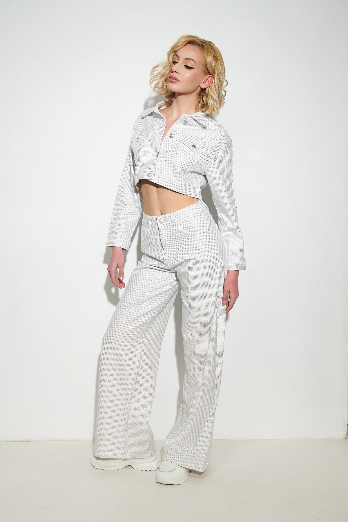 Crop Denim Jacket With Rhinestones White