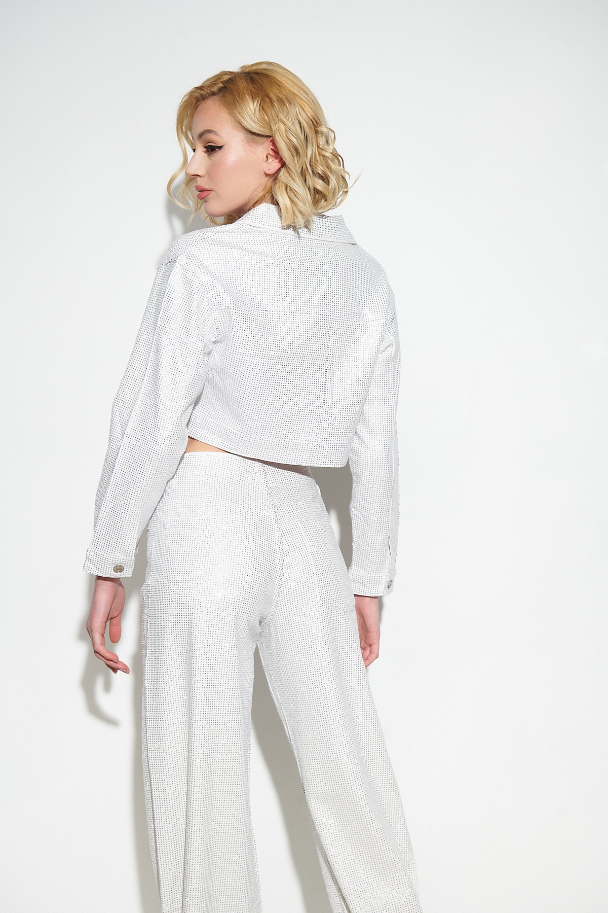 Crop Denim Jacket With Rhinestones White