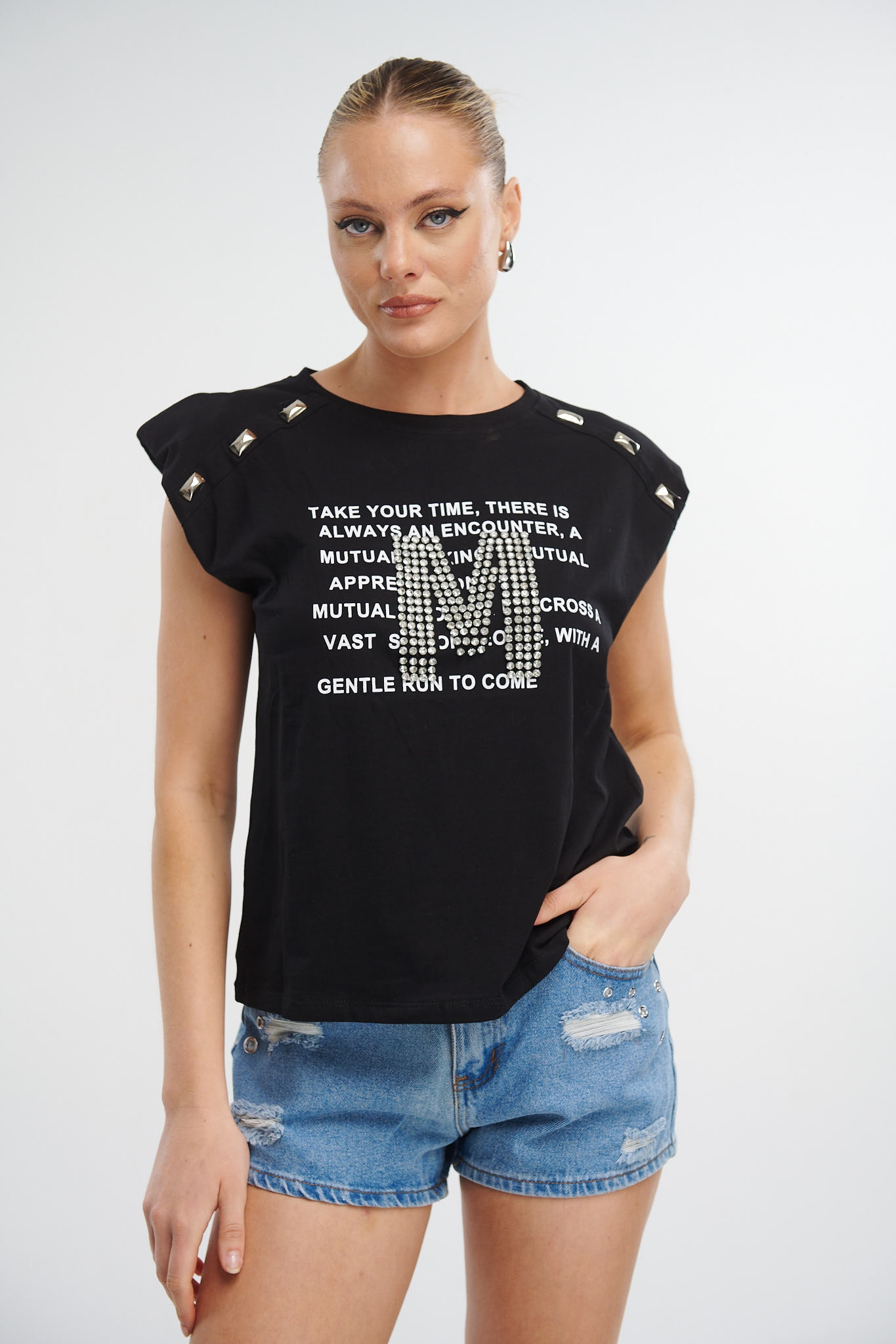 Metal Decorated Shoulder T-Shirt