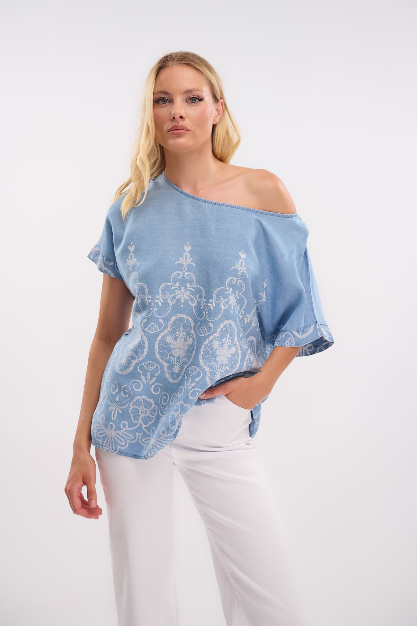 Denim-Style Embroidered Top – Casual & Stylish