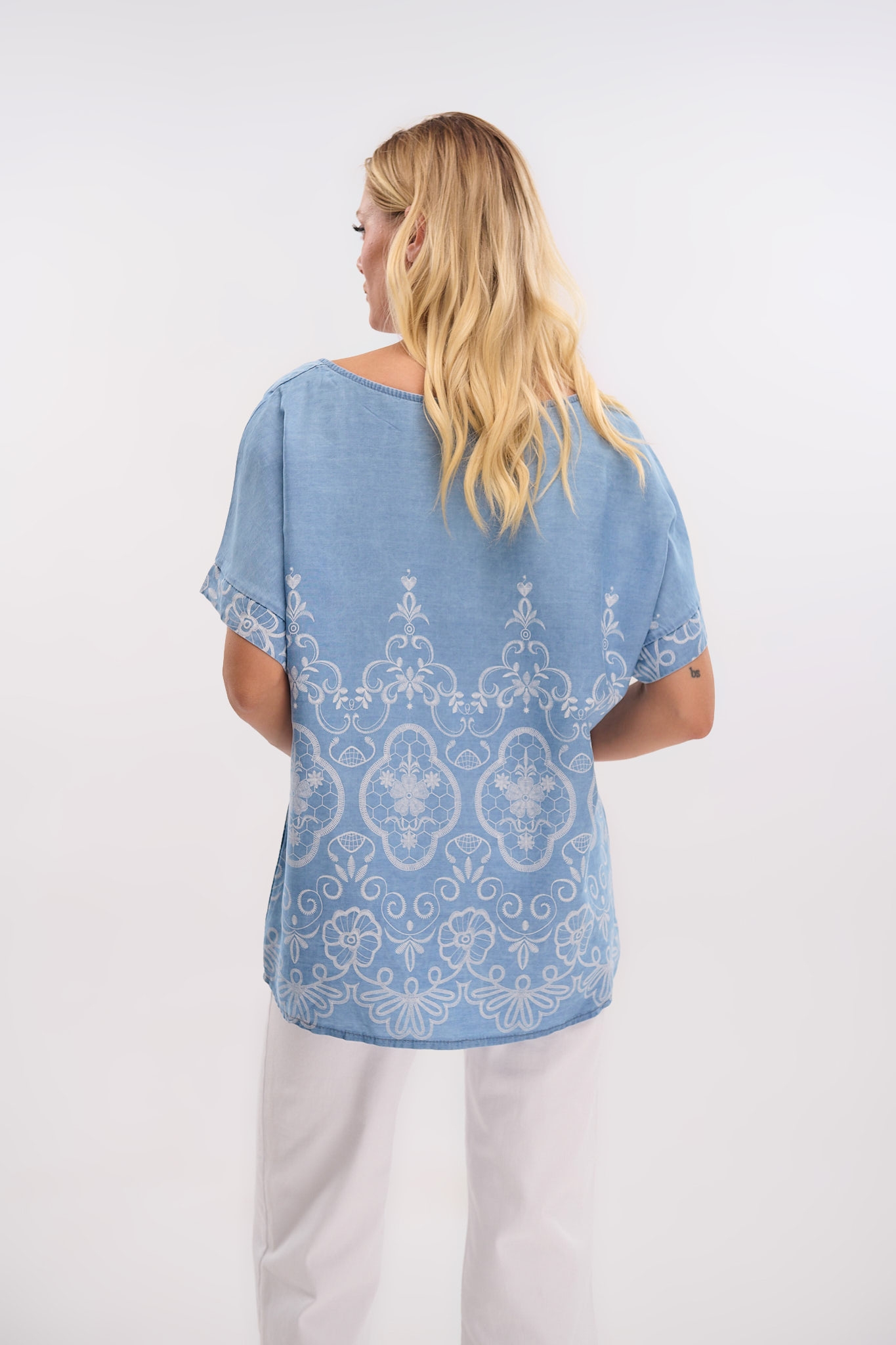 Denim-Style Embroidered Top – Casual & Stylish