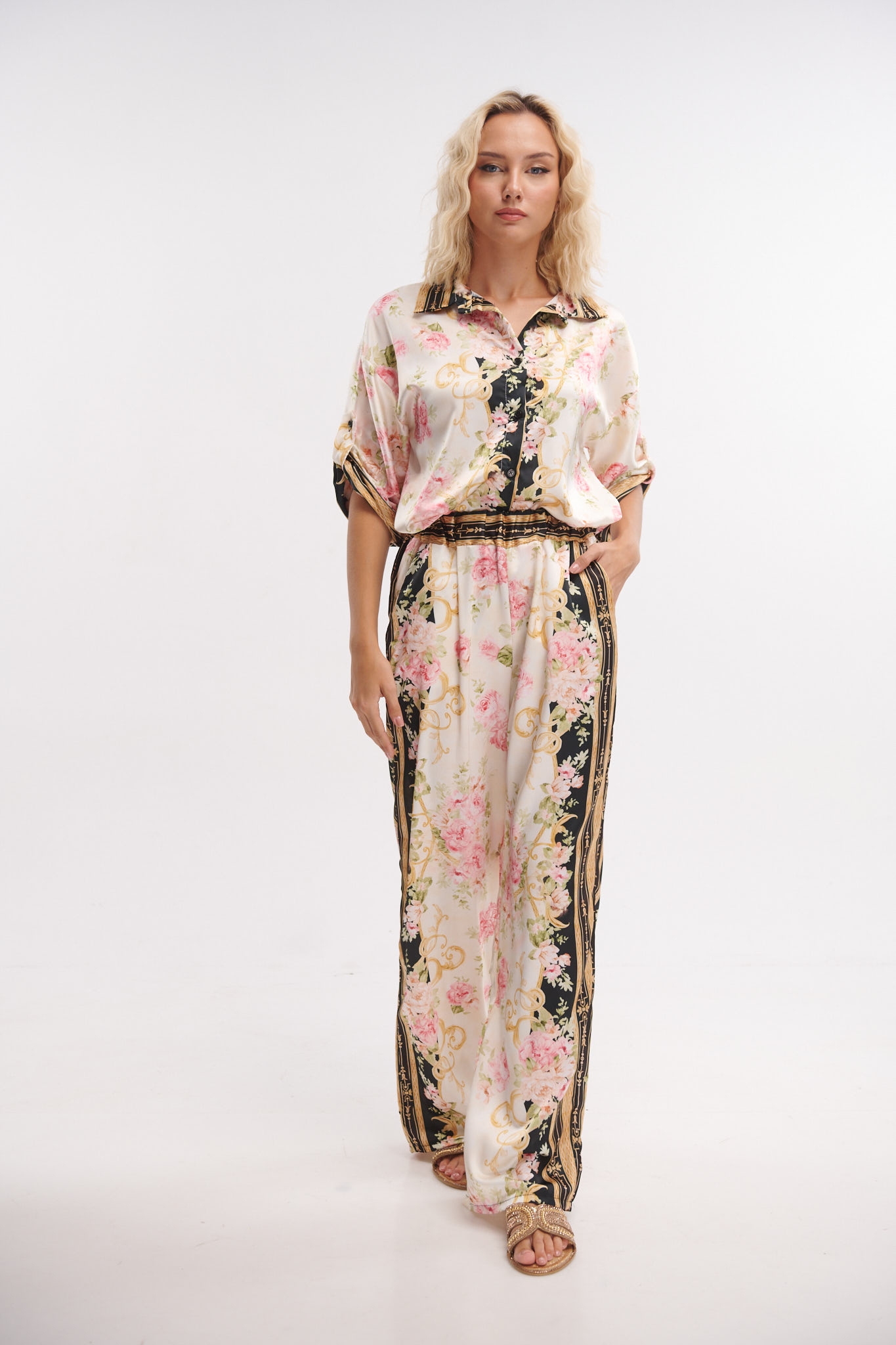 Golden Roses Printed Shirt Pantaloon Set