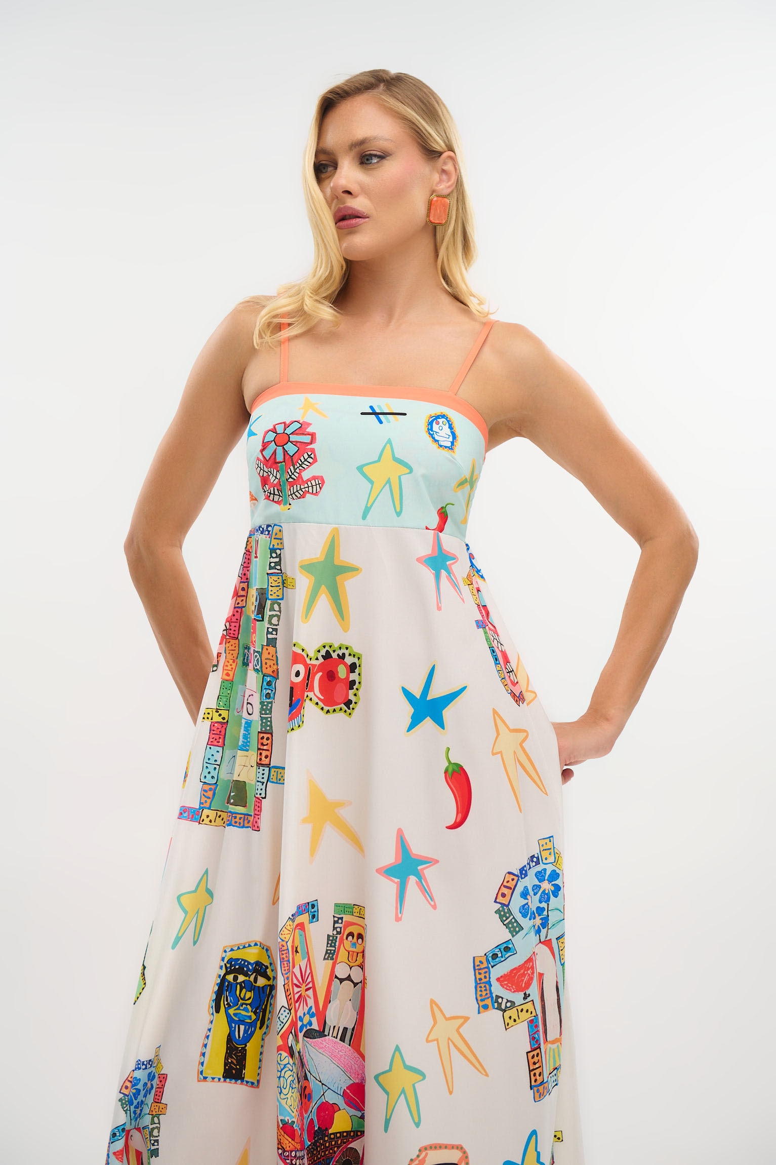 Colorful Printed Midi Dress with A-Line Skirt