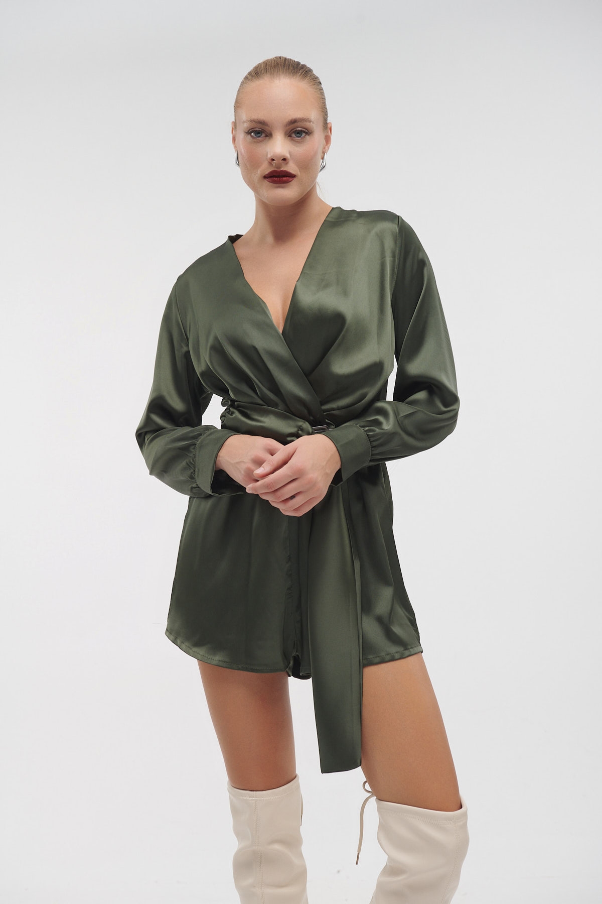 Buckled Belt Wrap Satin Playsuit