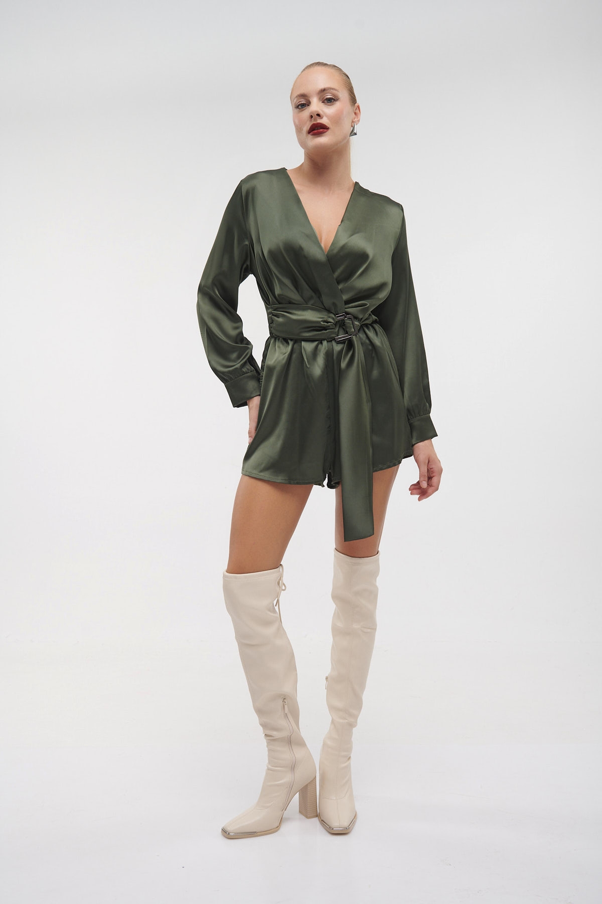 Buckled Belt Wrap Satin Playsuit