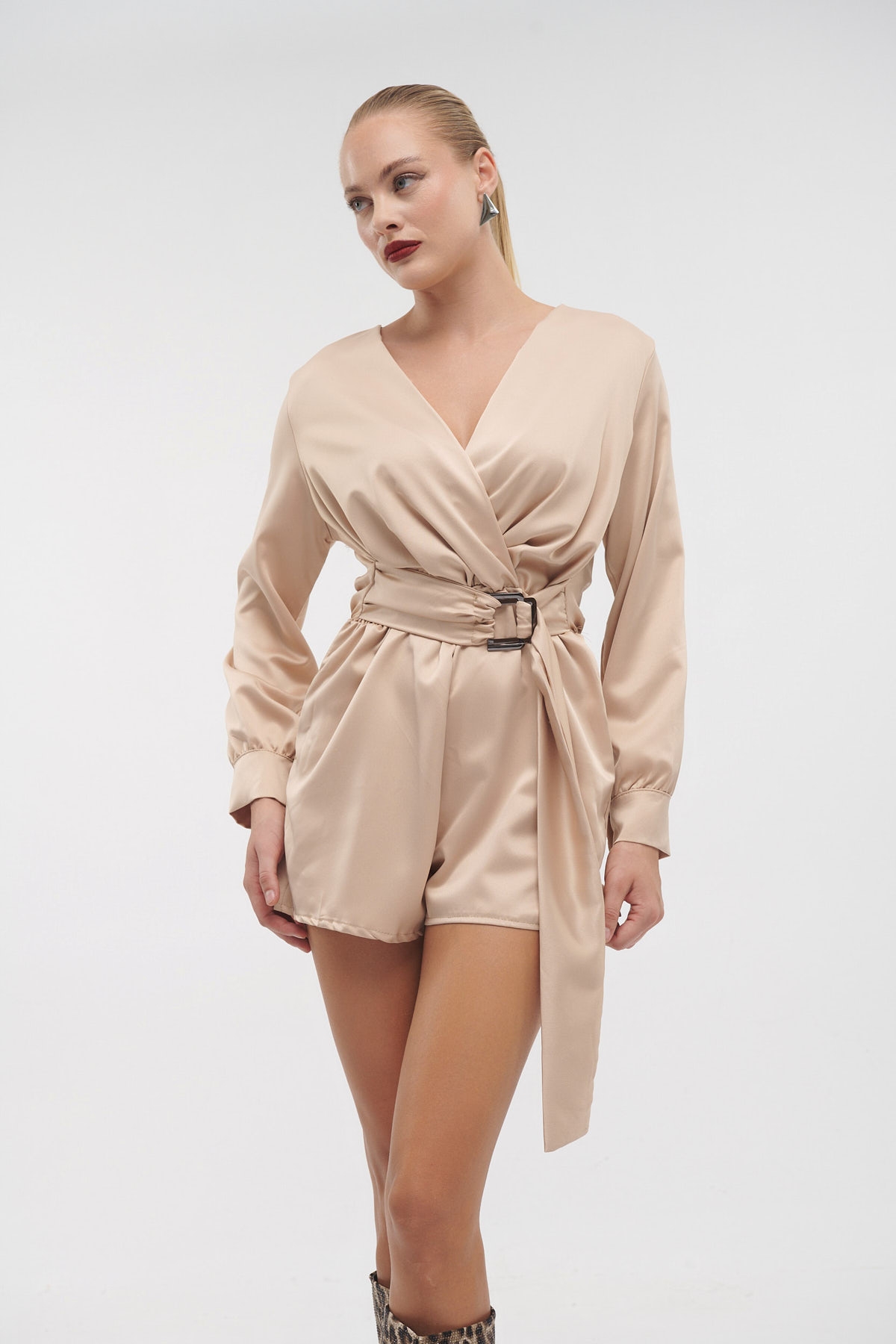 Buckled Belt Wrap Satin Playsuit