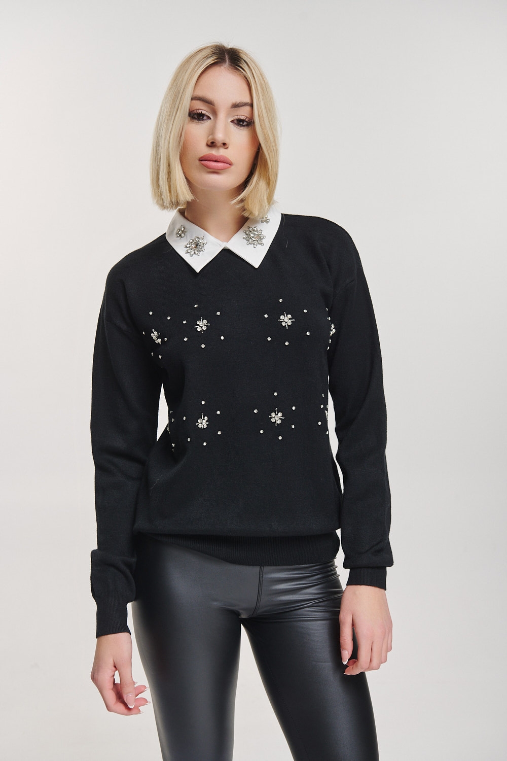 Rhinestoned Collar Shirt Knitted Blouse