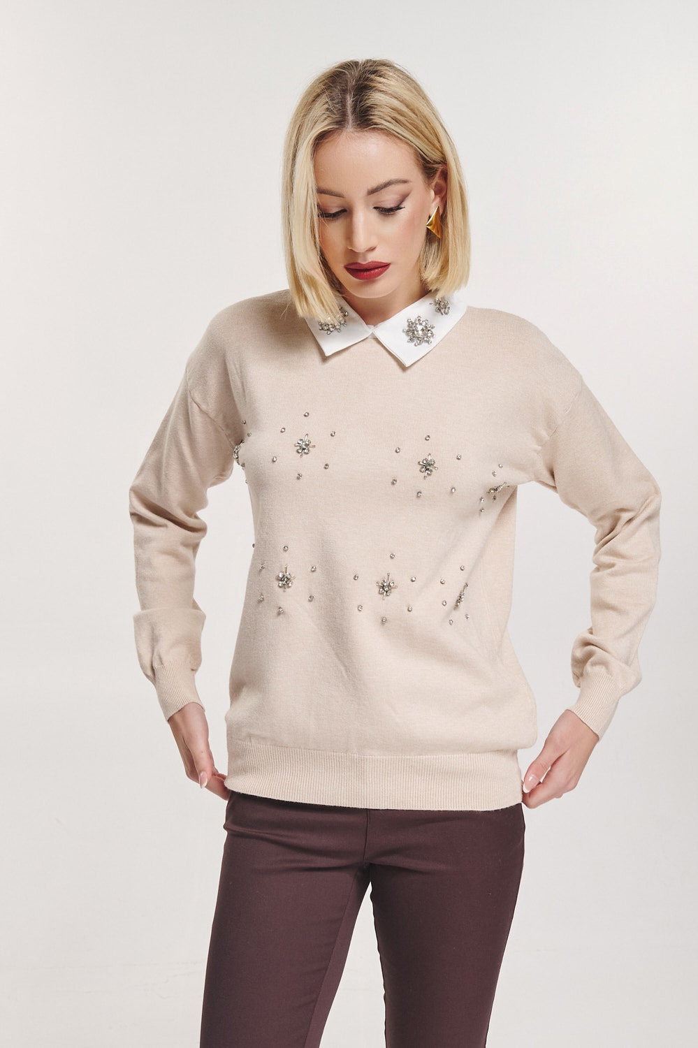 Rhinestoned Collar Shirt Knitted Blouse