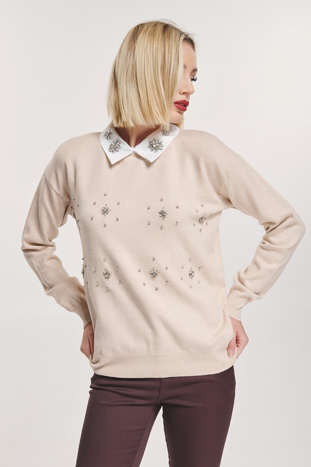 Rhinestoned Collar Shirt Knitted Blouse